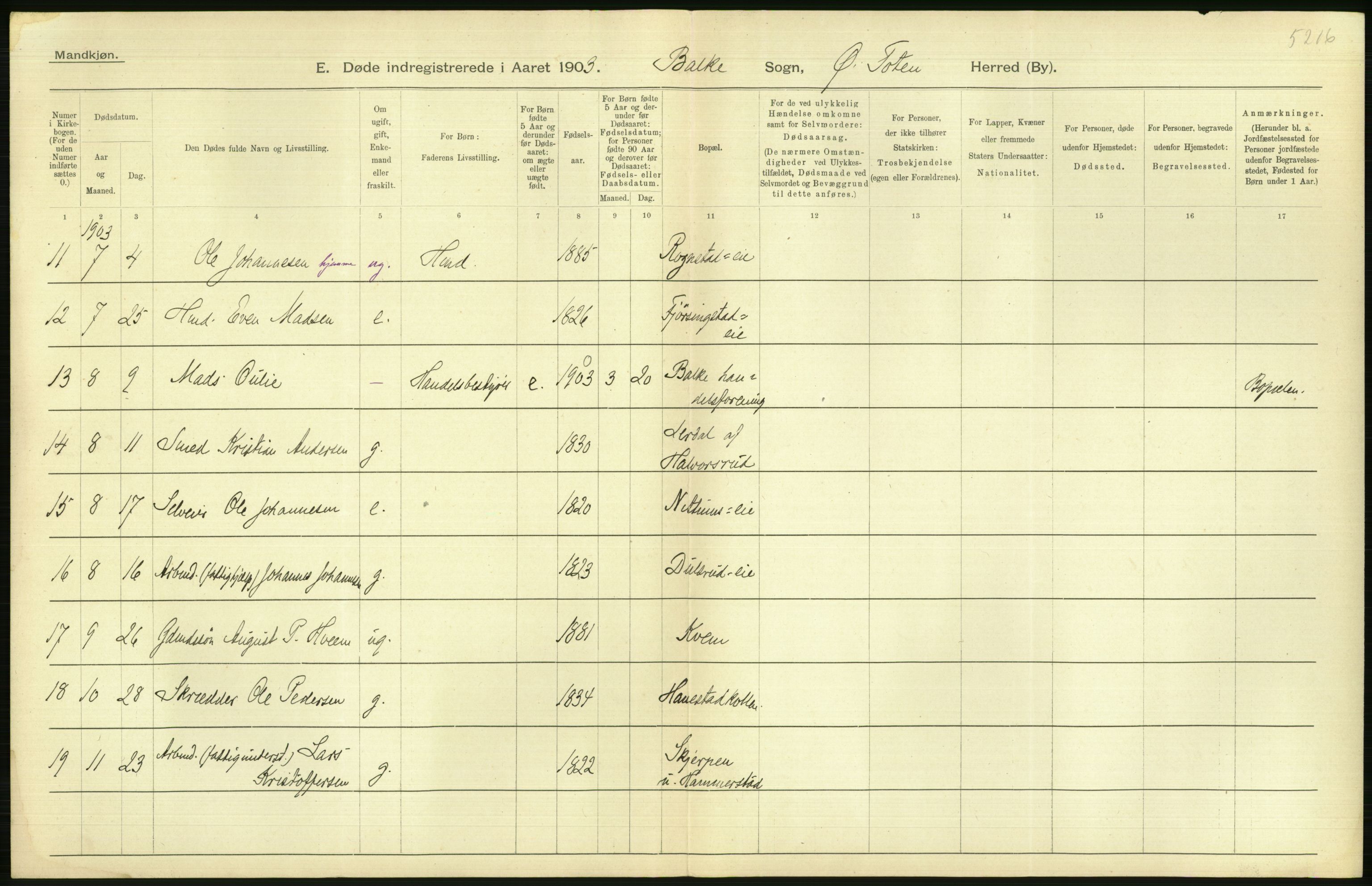 Statistisk sentralbyrå, Sosiodemografiske emner, Befolkning, AV/RA-S-2228/D/Df/Dfa/Dfaa/L0006: Kristians amt: Fødte, gifte, døde, 1903, p. 568