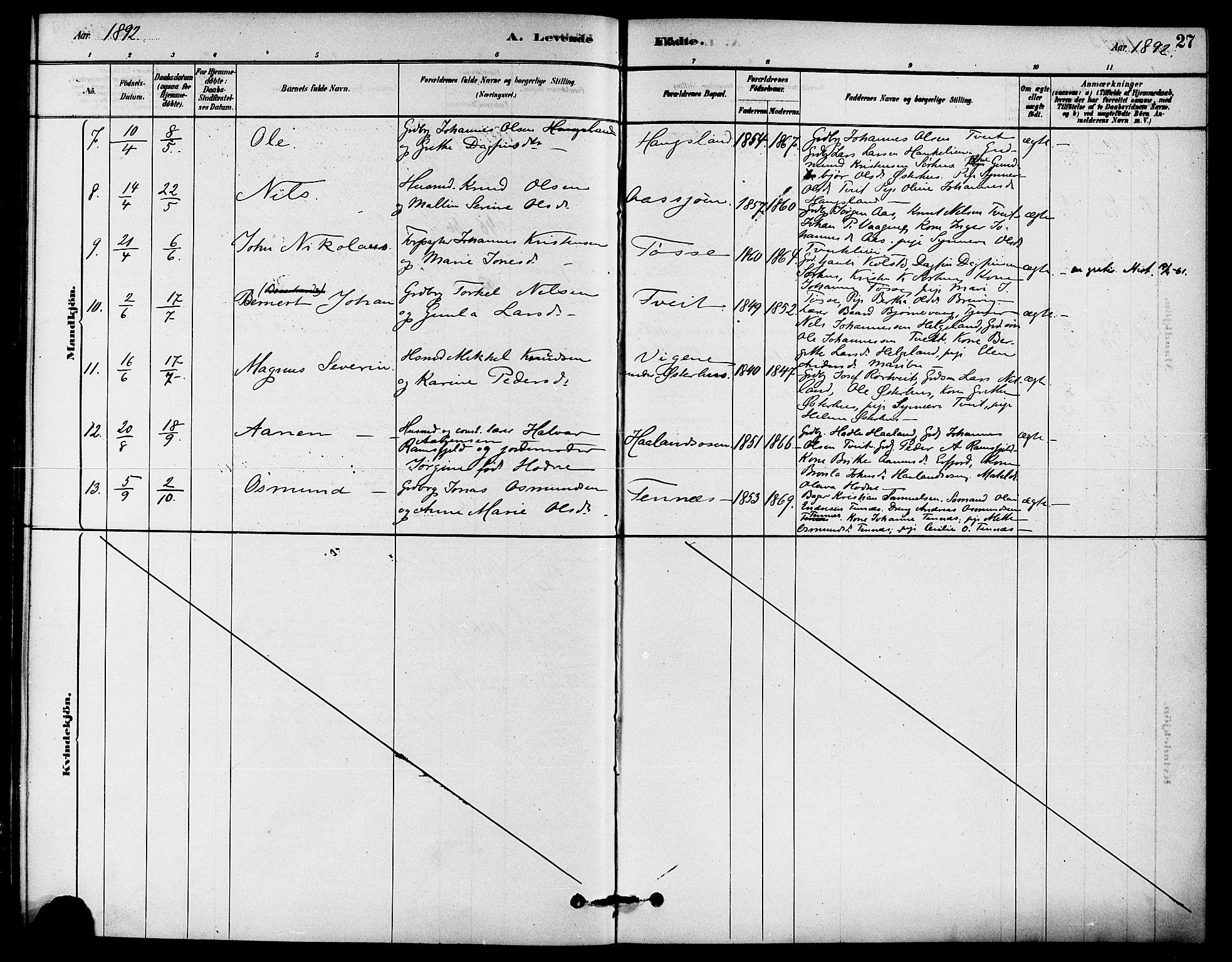 Jelsa sokneprestkontor, AV/SAST-A-101842/01/IV: Parish register (official) no. A 9, 1878-1898, p. 27