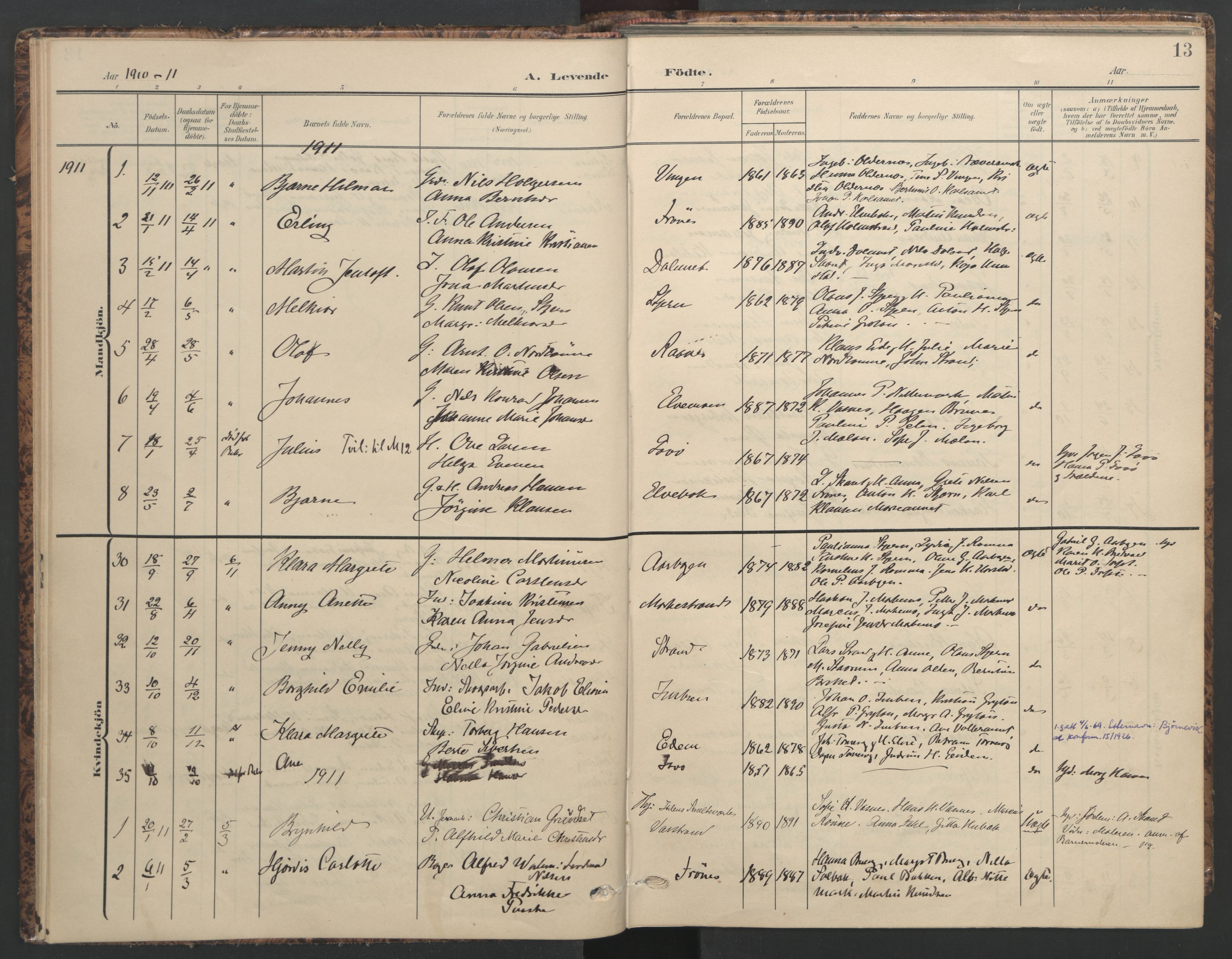Ministerialprotokoller, klokkerbøker og fødselsregistre - Sør-Trøndelag, SAT/A-1456/655/L0682: Parish register (official) no. 655A11, 1908-1922, p. 13