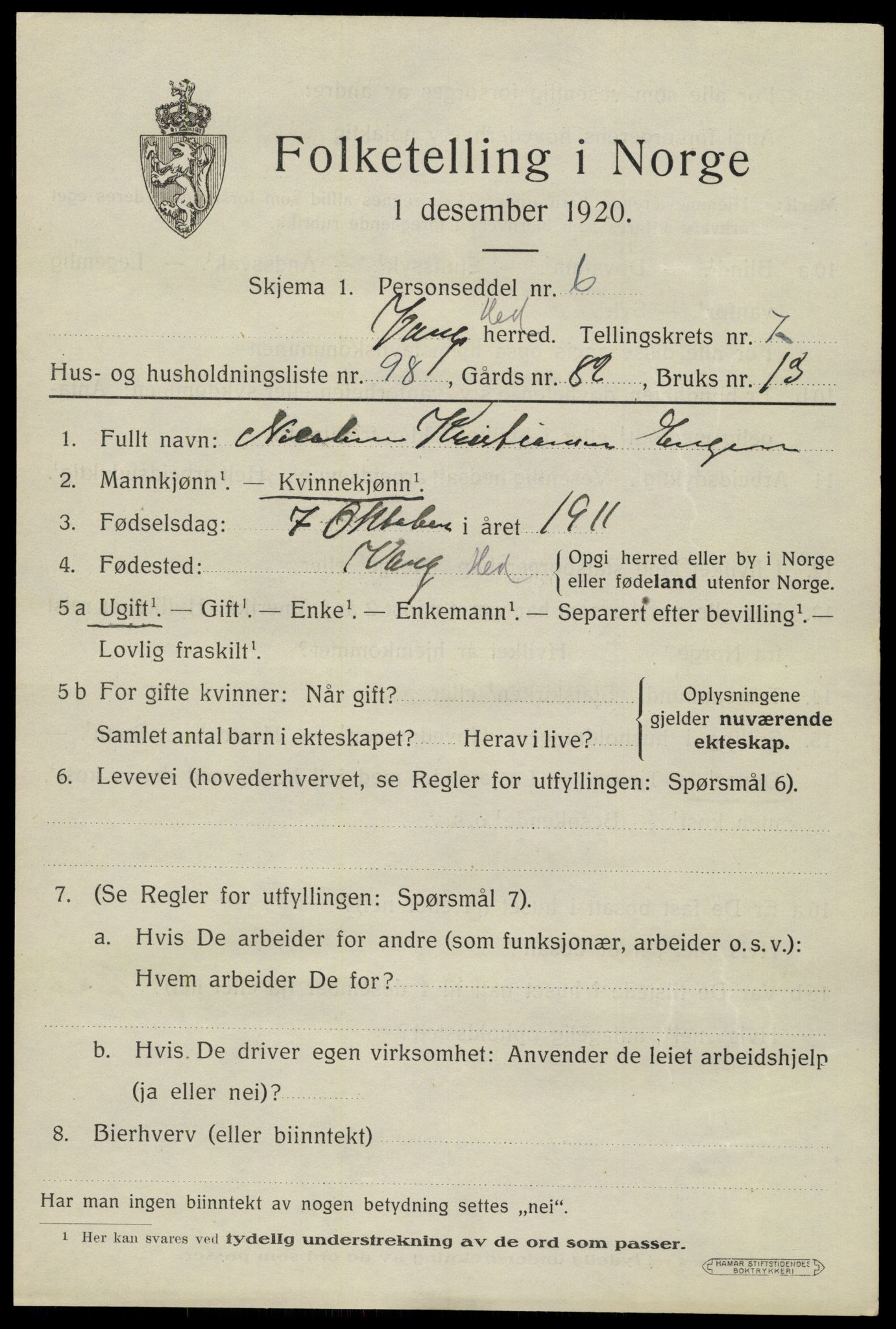 SAH, 1920 census for Vang (Hedmark), 1920, p. 17013