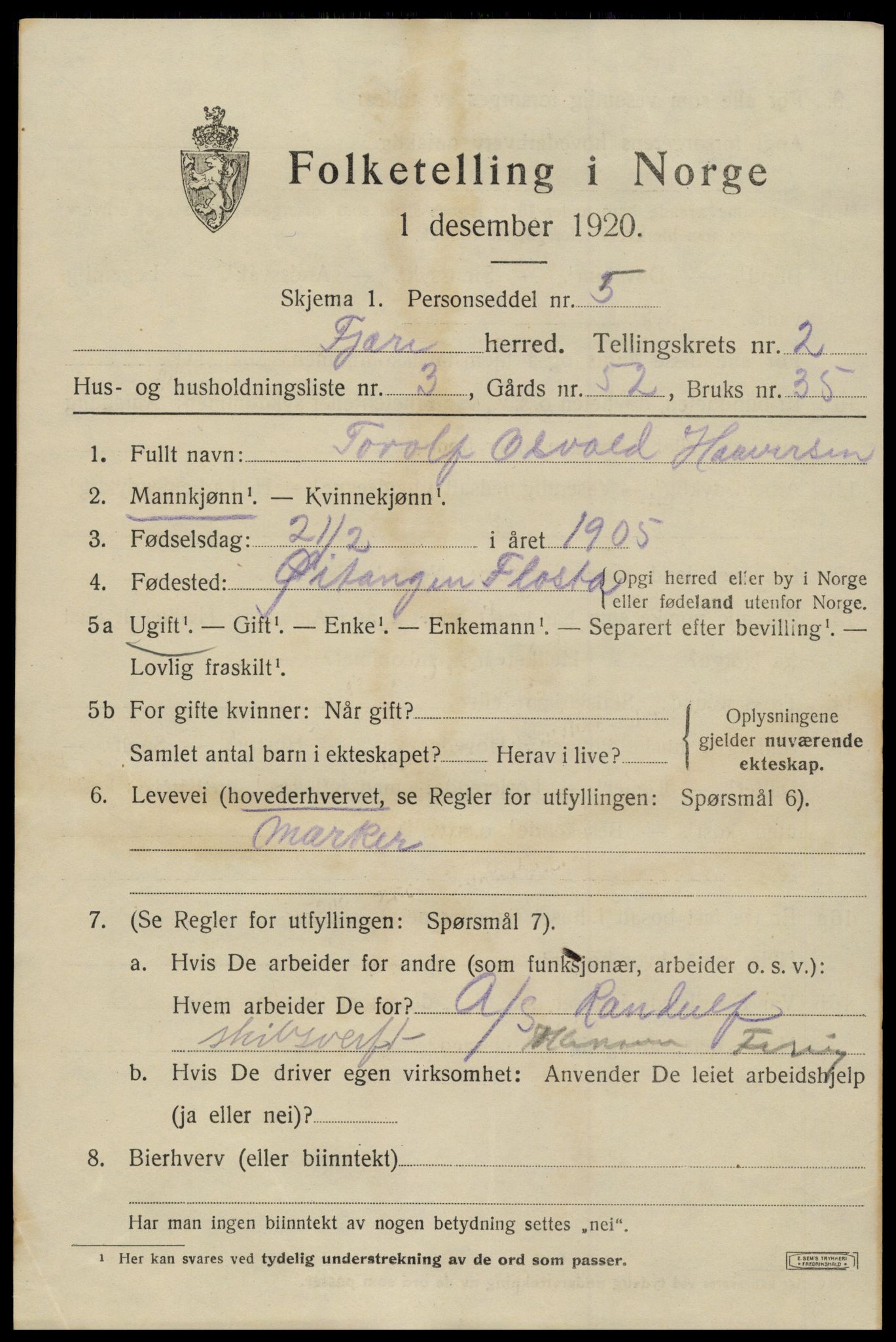 SAK, 1920 census for Fjære, 1920, p. 3271