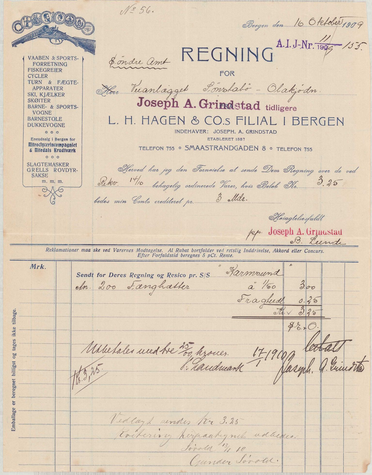 Finnaas kommune. Formannskapet, IKAH/1218a-021/E/Ea/L0001/0006: Rekneskap for veganlegg / Rekneskap for veganlegget Sønstabø - Olakjødn, 1909-1914, p. 23