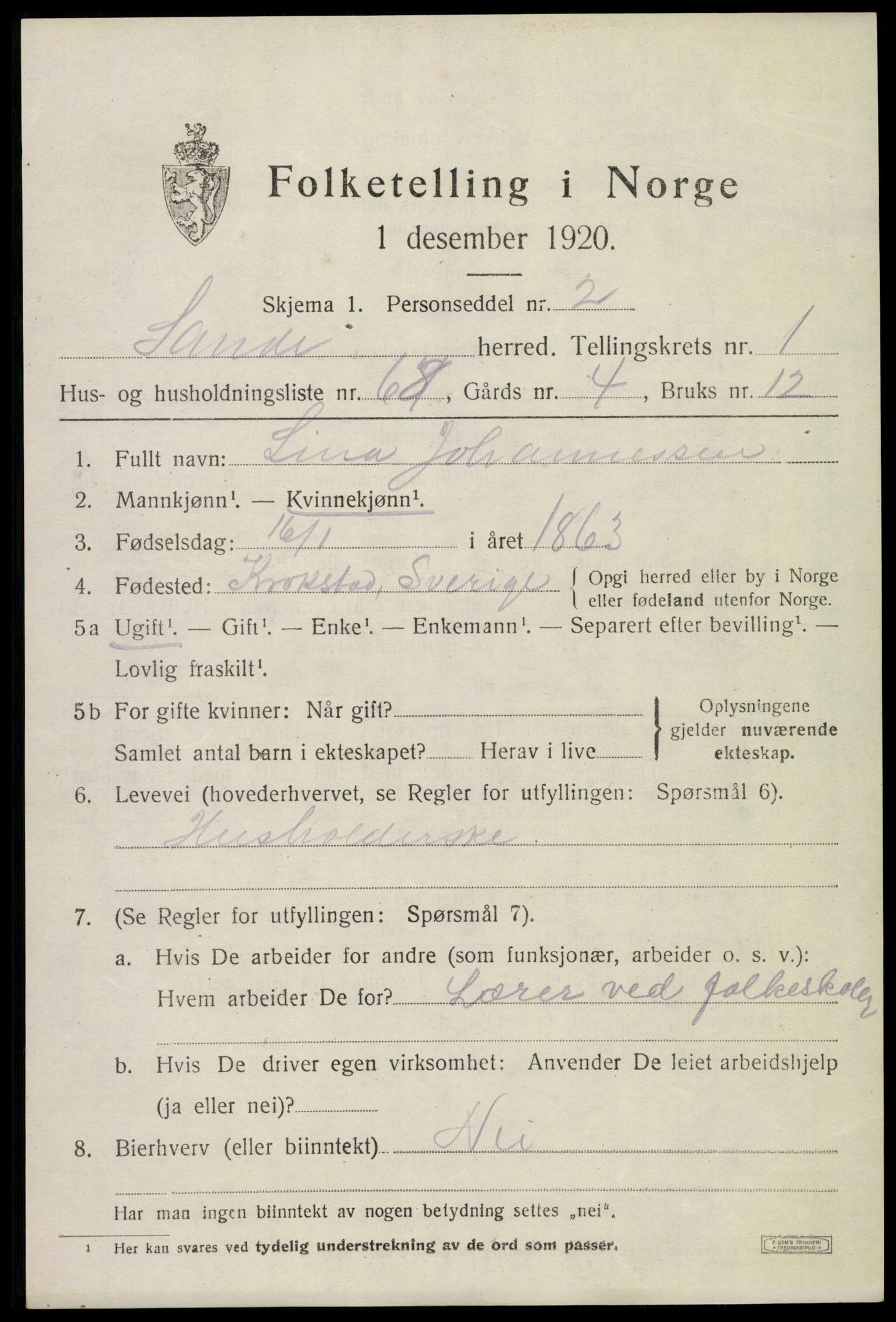 SAKO, 1920 census for Sande, 1920, p. 1974