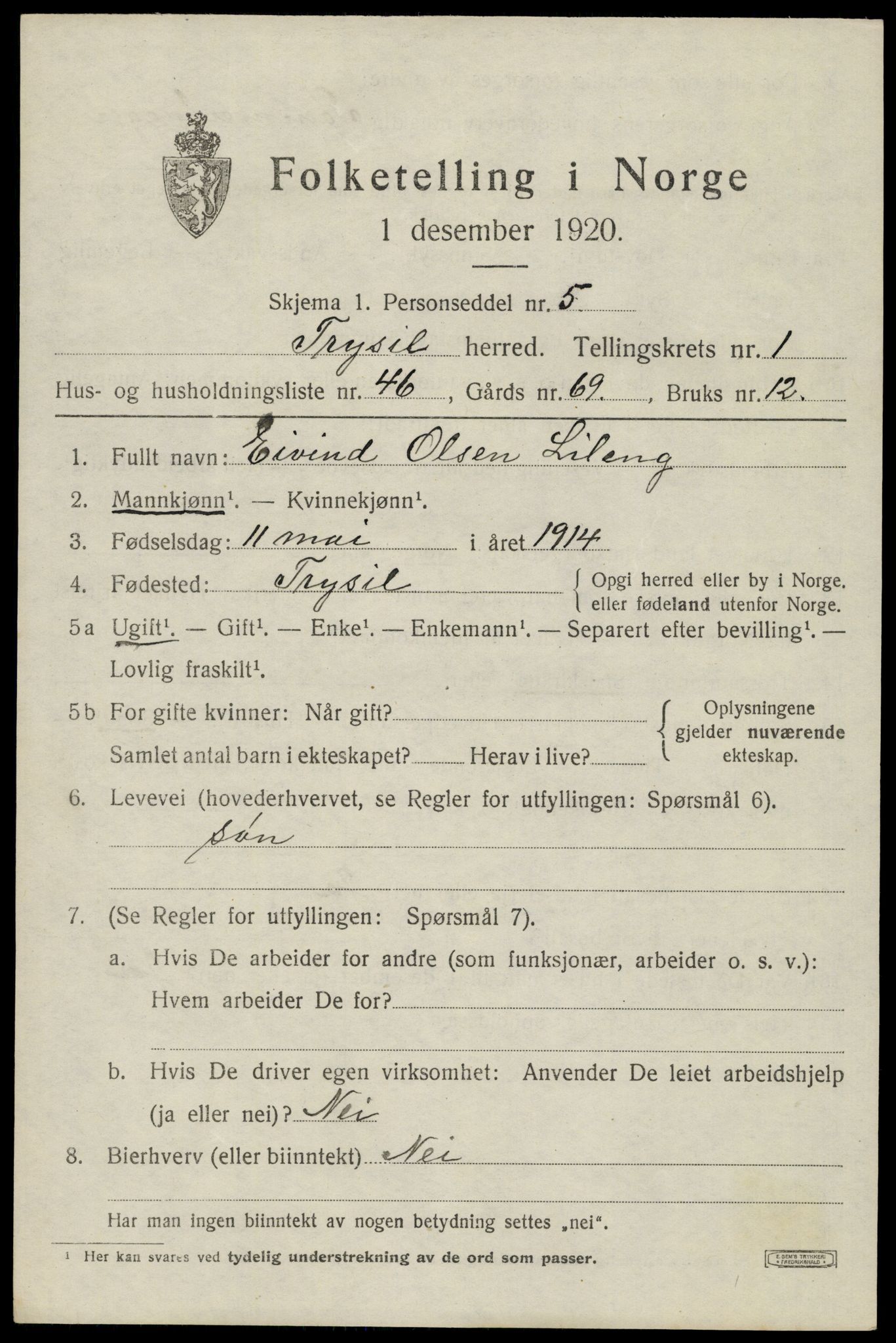 SAH, 1920 census for Trysil, 1920, p. 3083