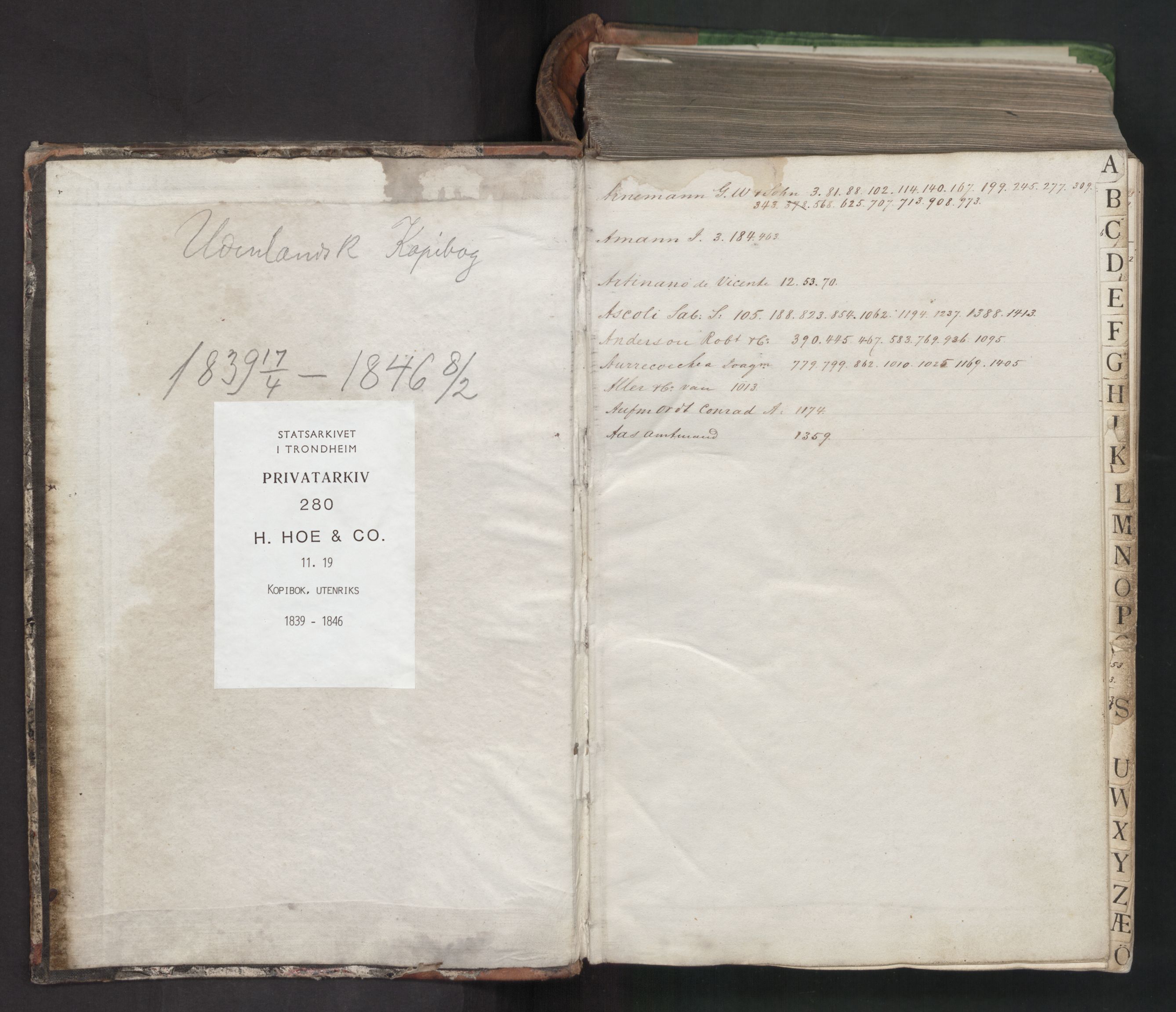 Hoë, Herman & Co, AV/SAT-PA-0280/11/L0019: Kopibok, utenriks, 1839-1846