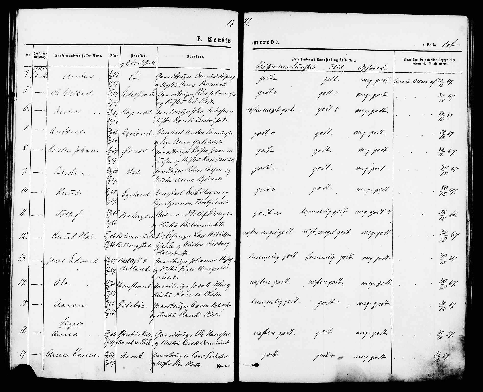Vikedal sokneprestkontor, SAST/A-101840/01/IV: Parish register (official) no. A 7, 1868-1883, p. 104