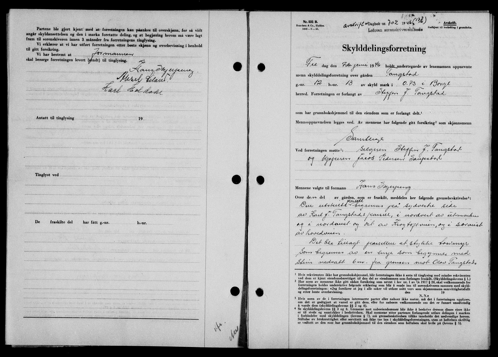 Lofoten sorenskriveri, SAT/A-0017/1/2/2C/L0014a: Mortgage book no. 14a, 1946-1946, Diary no: : 702/1946