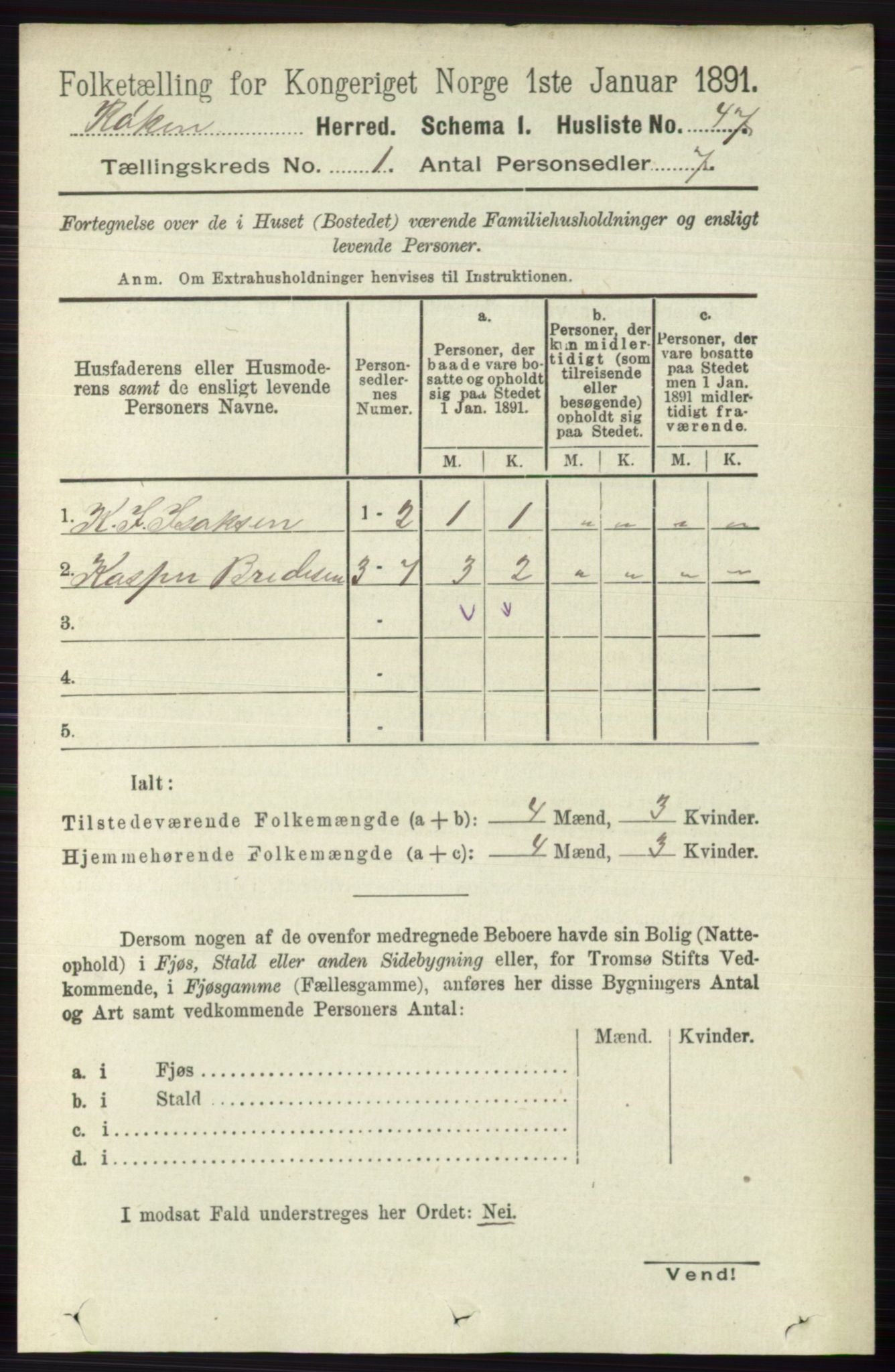 RA, 1891 census for 0627 Røyken, 1891, p. 70