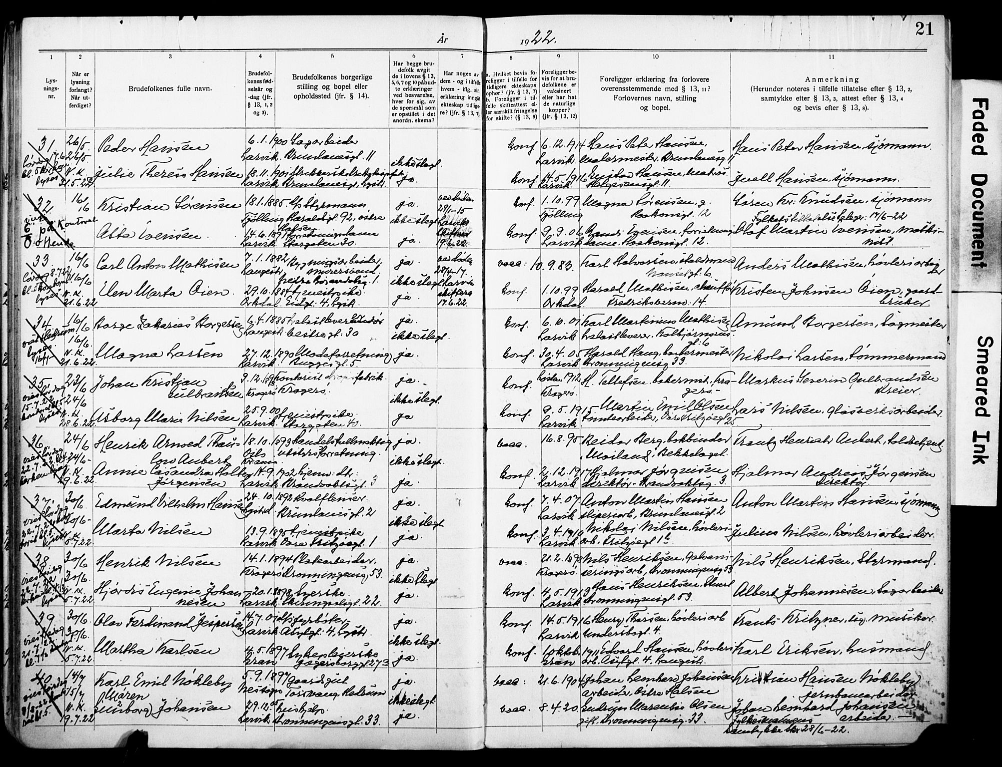 Larvik kirkebøker, AV/SAKO-A-352/H/Ha/L0005: Banns register no. 5, 1920-1933, p. 21