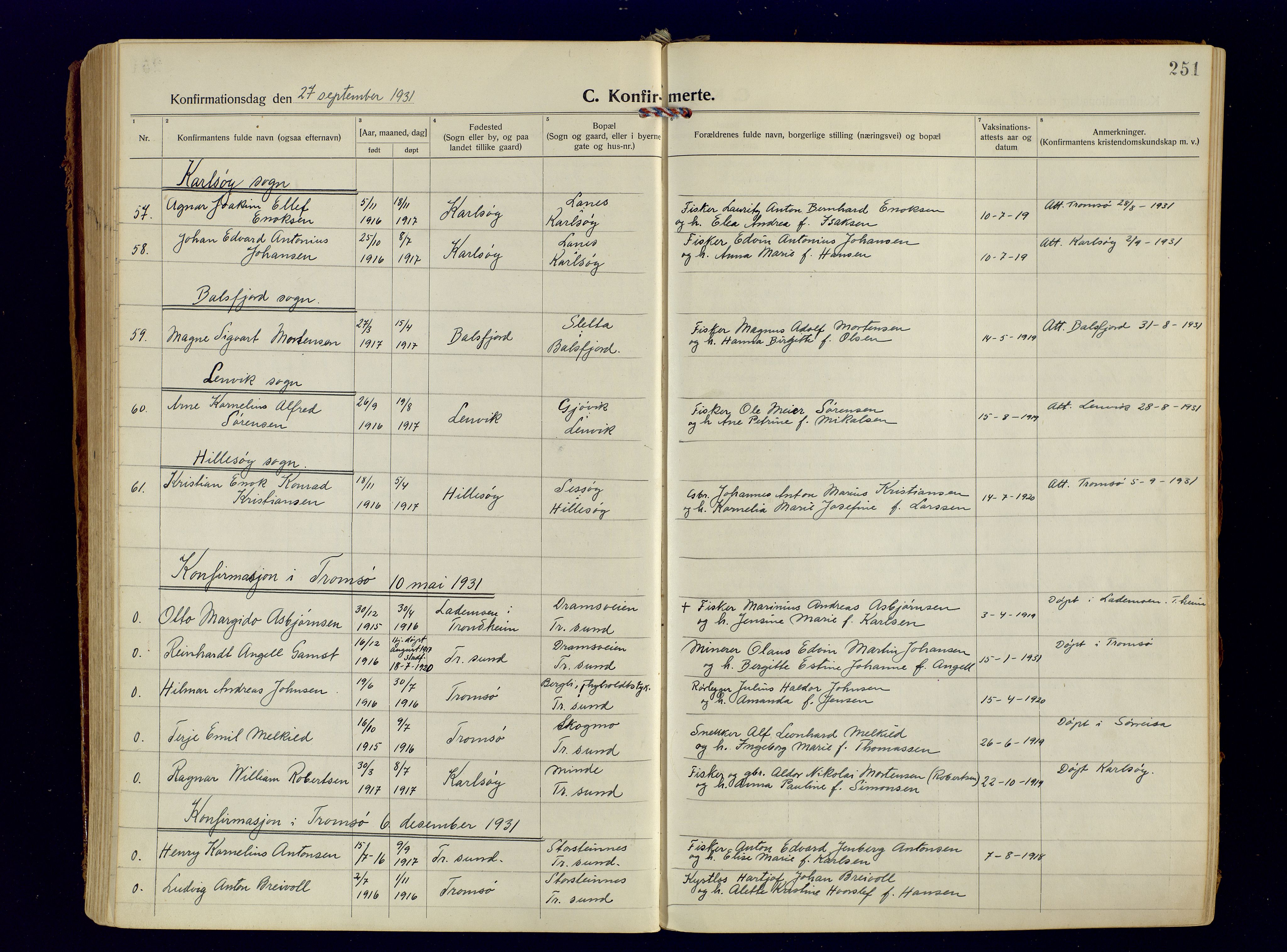 Tromsøysund sokneprestkontor, AV/SATØ-S-1304/G/Ga/L0009kirke: Parish register (official) no. 9, 1922-1934, p. 251