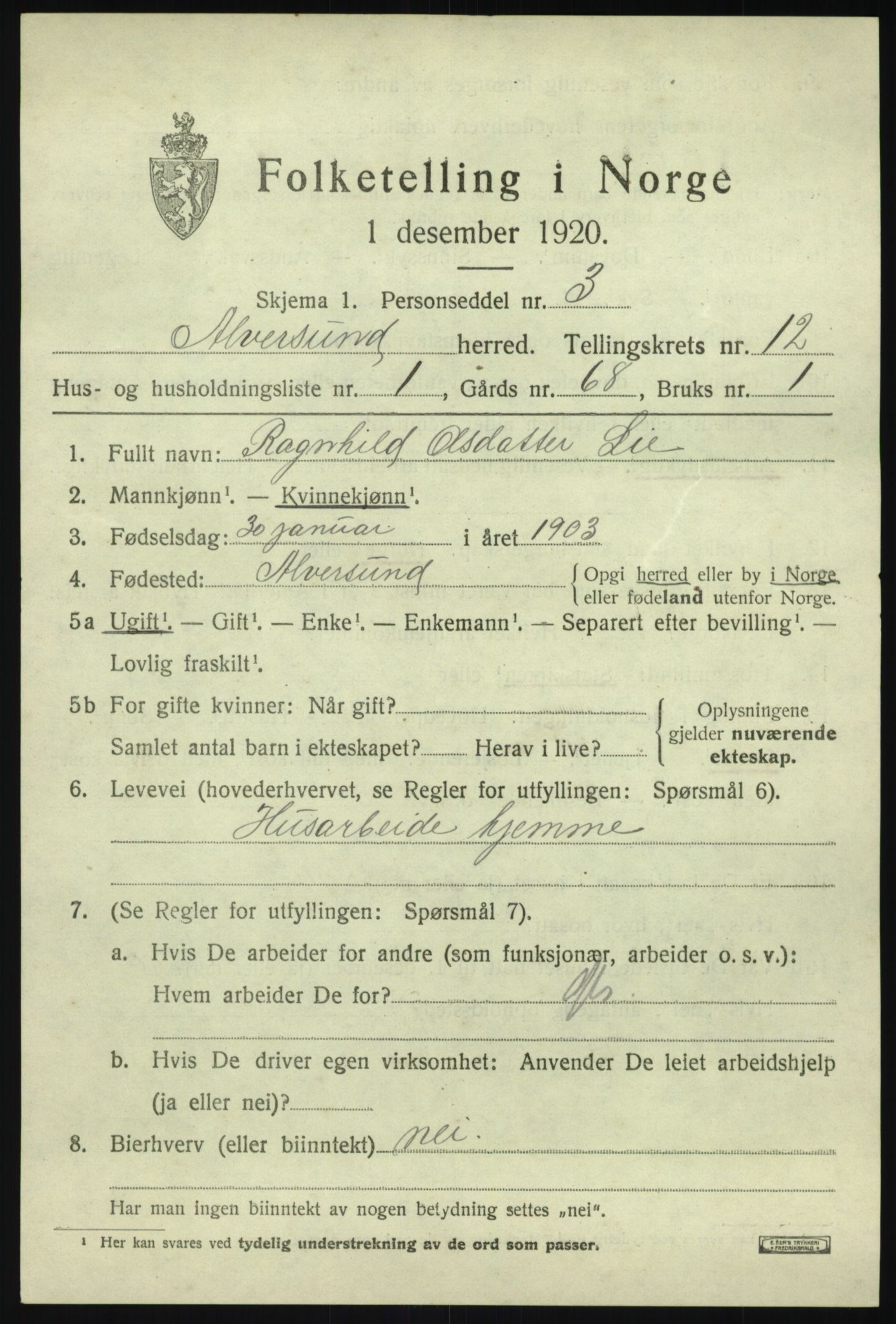 SAB, 1920 census for Alversund, 1920, p. 7014