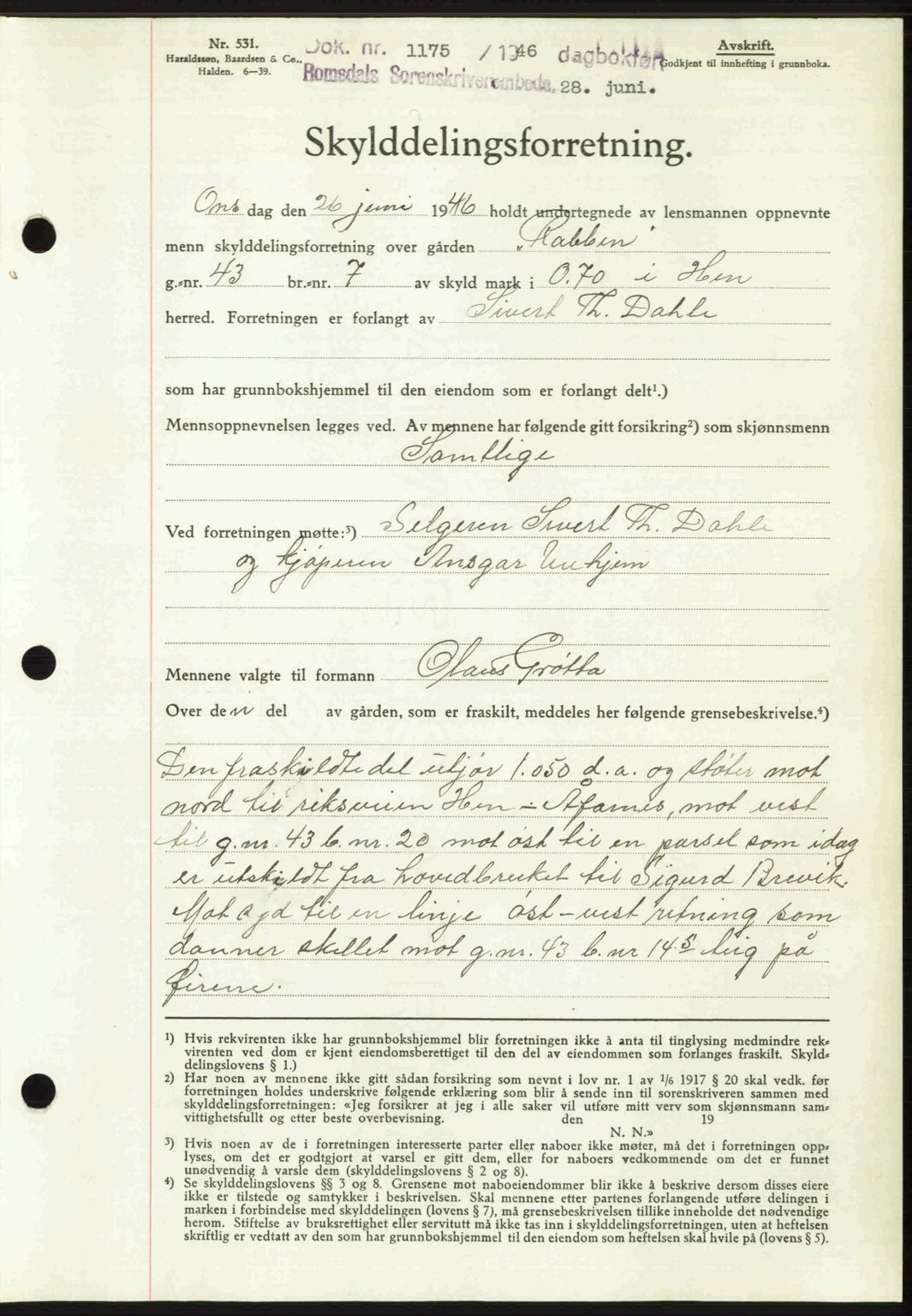 Romsdal sorenskriveri, AV/SAT-A-4149/1/2/2C: Mortgage book no. A20, 1946-1946, Diary no: : 1175/1946