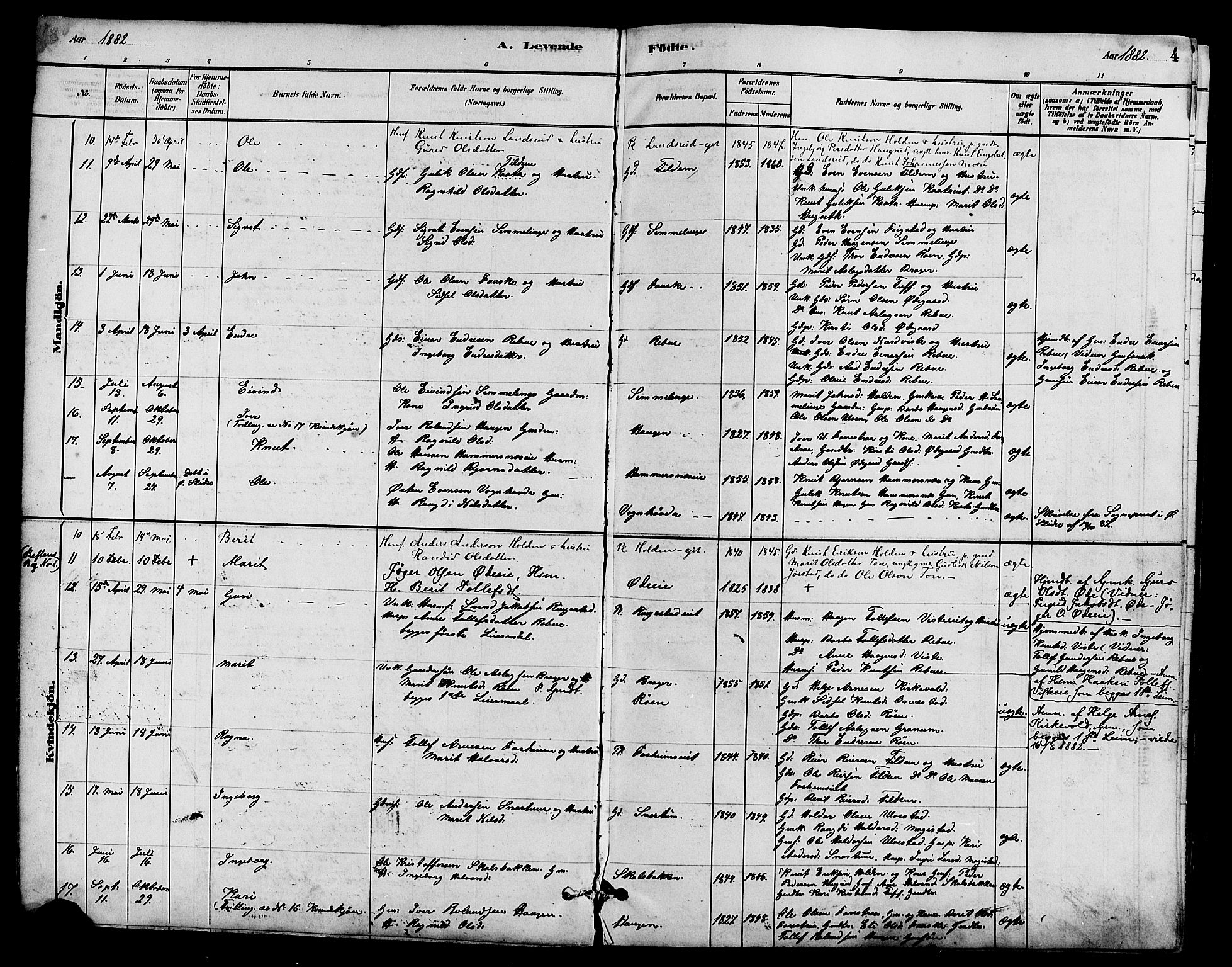 Vestre Slidre prestekontor, SAH/PREST-136/H/Ha/Hab/L0005: Parish register (copy) no. 5, 1881-1913, p. 4