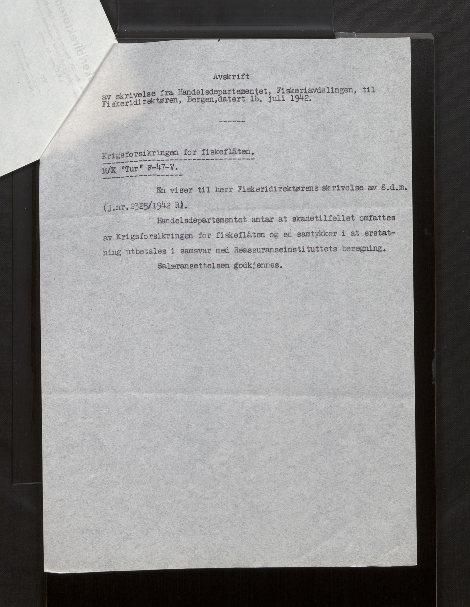 Fiskeridirektoratet - 1 Adm. ledelse - 13 Båtkontoret, AV/SAB-A-2003/La/L0008: Statens krigsforsikring for fiskeflåten, 1936-1971, p. 148