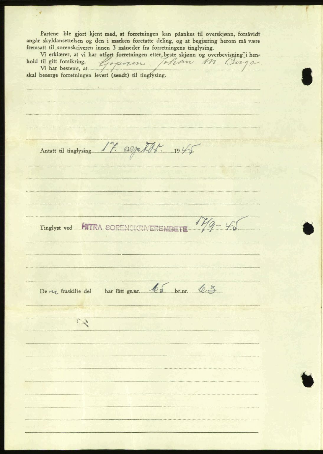 Hitra sorenskriveri, AV/SAT-A-0018/2/2C/2Ca: Mortgage book no. A2, 1943-1945, Diary no: : 504/1945