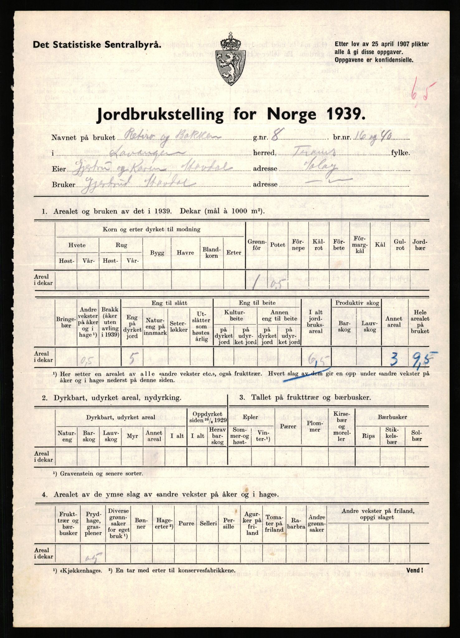 Statistisk sentralbyrå, Næringsøkonomiske emner, Jordbruk, skogbruk, jakt, fiske og fangst, AV/RA-S-2234/G/Gb/L0339: Troms: Andørja, Astafjord og Lavangen, 1939, p. 902