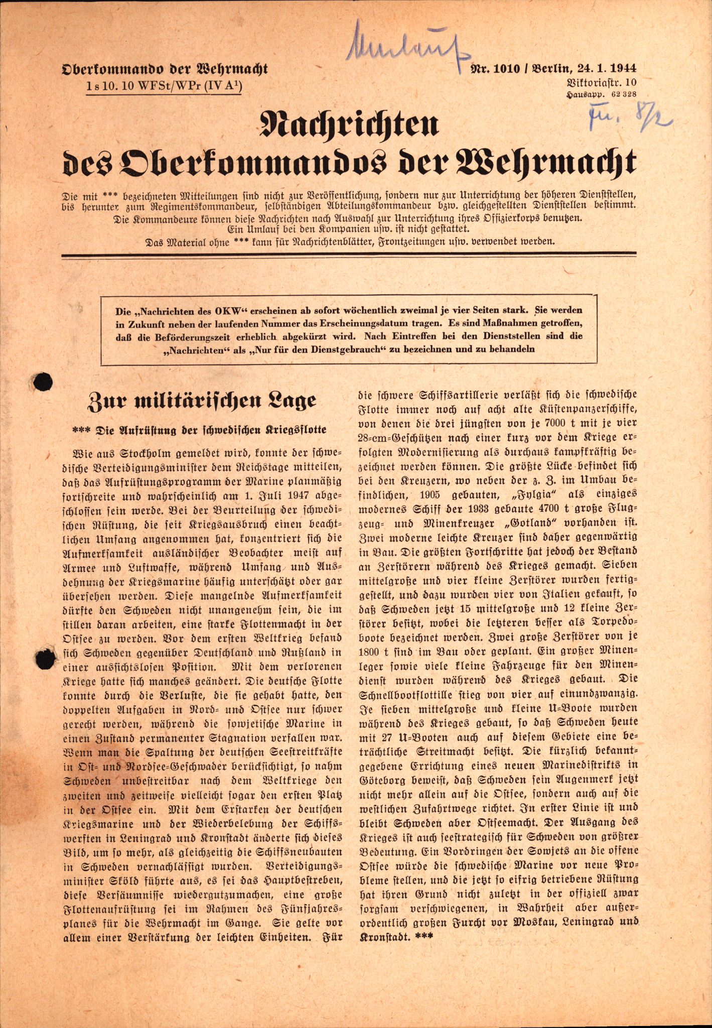 Forsvarets Overkommando. 2 kontor. Arkiv 11.4. Spredte tyske arkivsaker, AV/RA-RAFA-7031/D/Dar/Dara/L0021: Nachrichten des OKW, 1943-1945, p. 145
