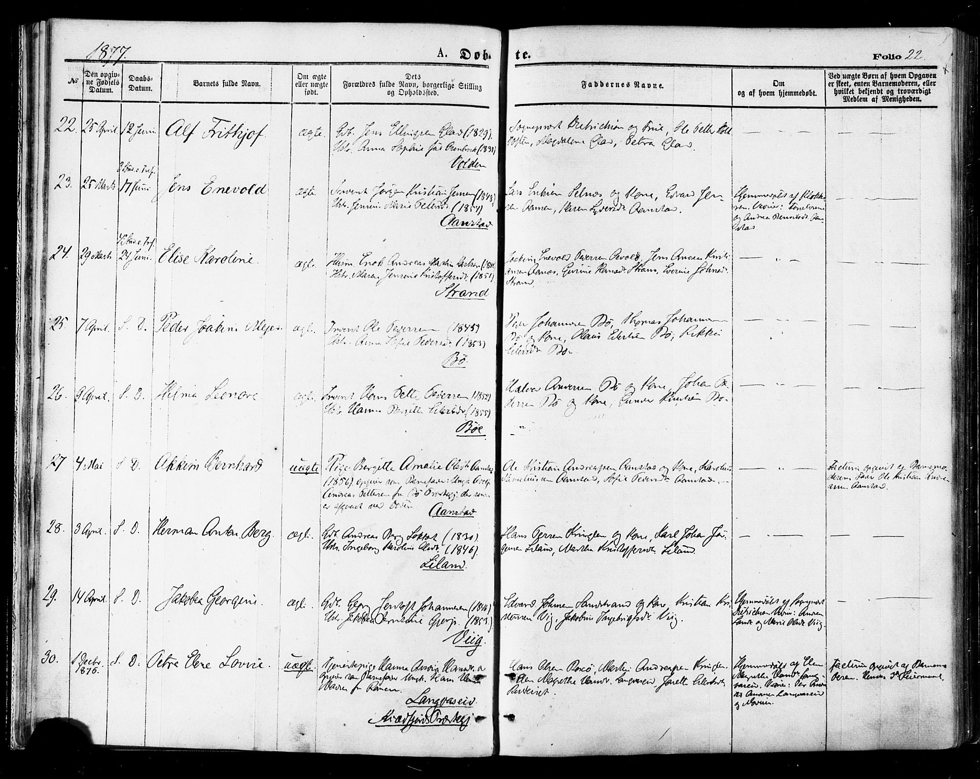 Ministerialprotokoller, klokkerbøker og fødselsregistre - Nordland, AV/SAT-A-1459/895/L1370: Parish register (official) no. 895A05, 1873-1884, p. 22