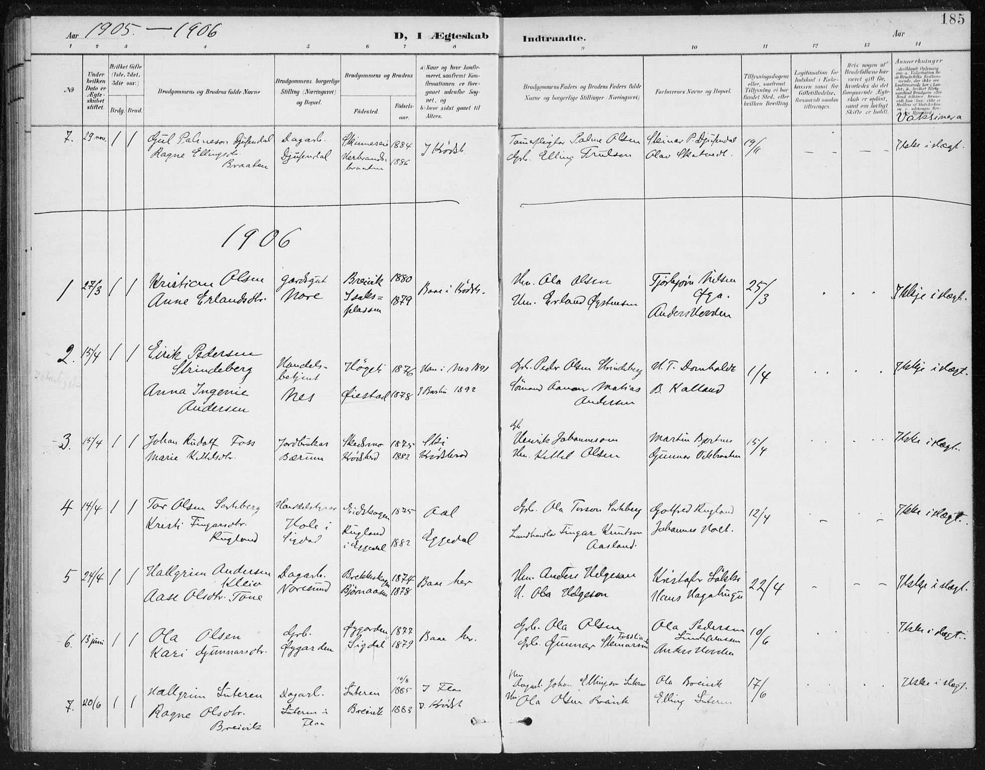 Krødsherad kirkebøker, SAKO/A-19/F/Fa/L0007: Parish register (official) no. 7, 1900-1915, p. 185