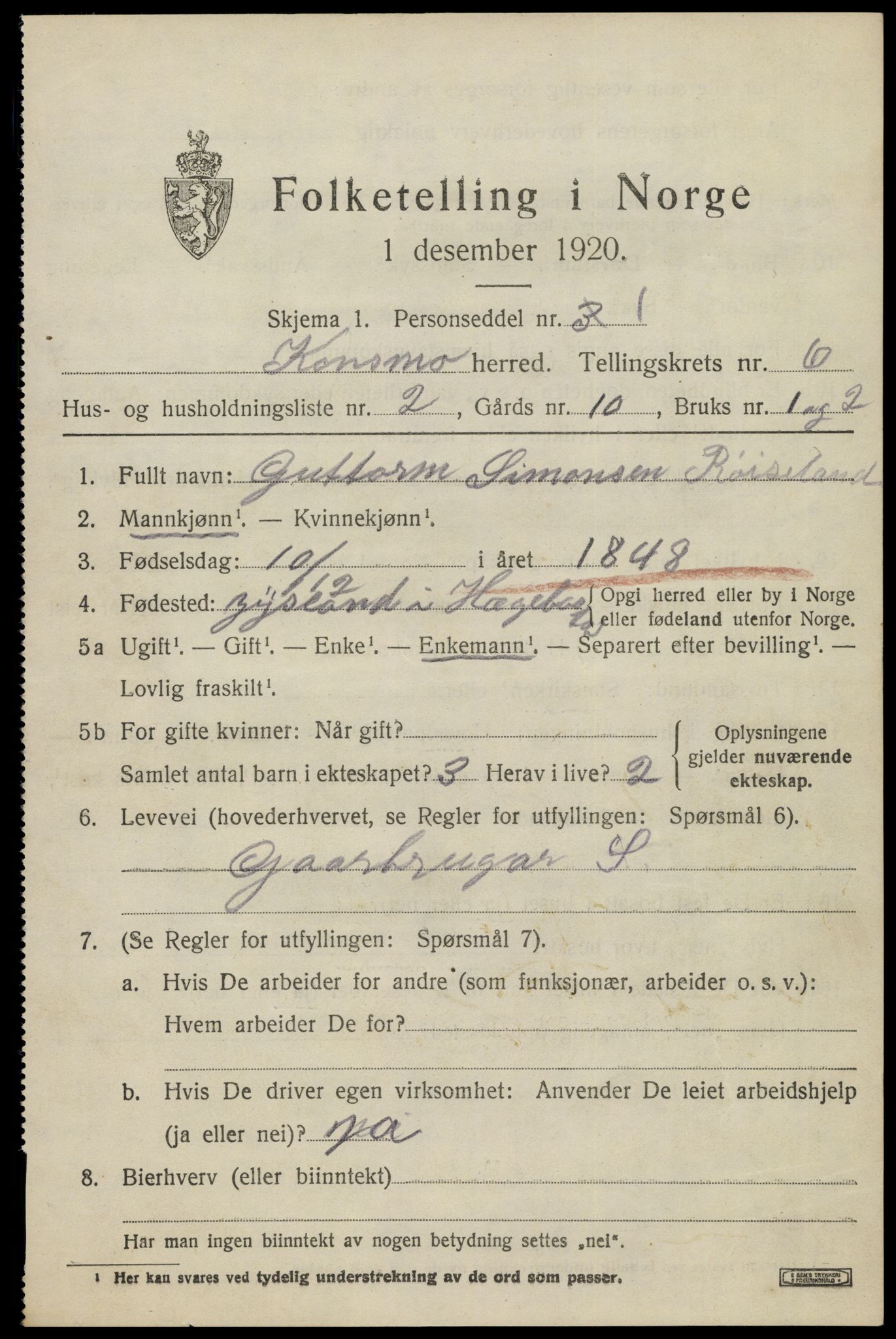 SAK, 1920 census for Konsmo, 1920, p. 1406