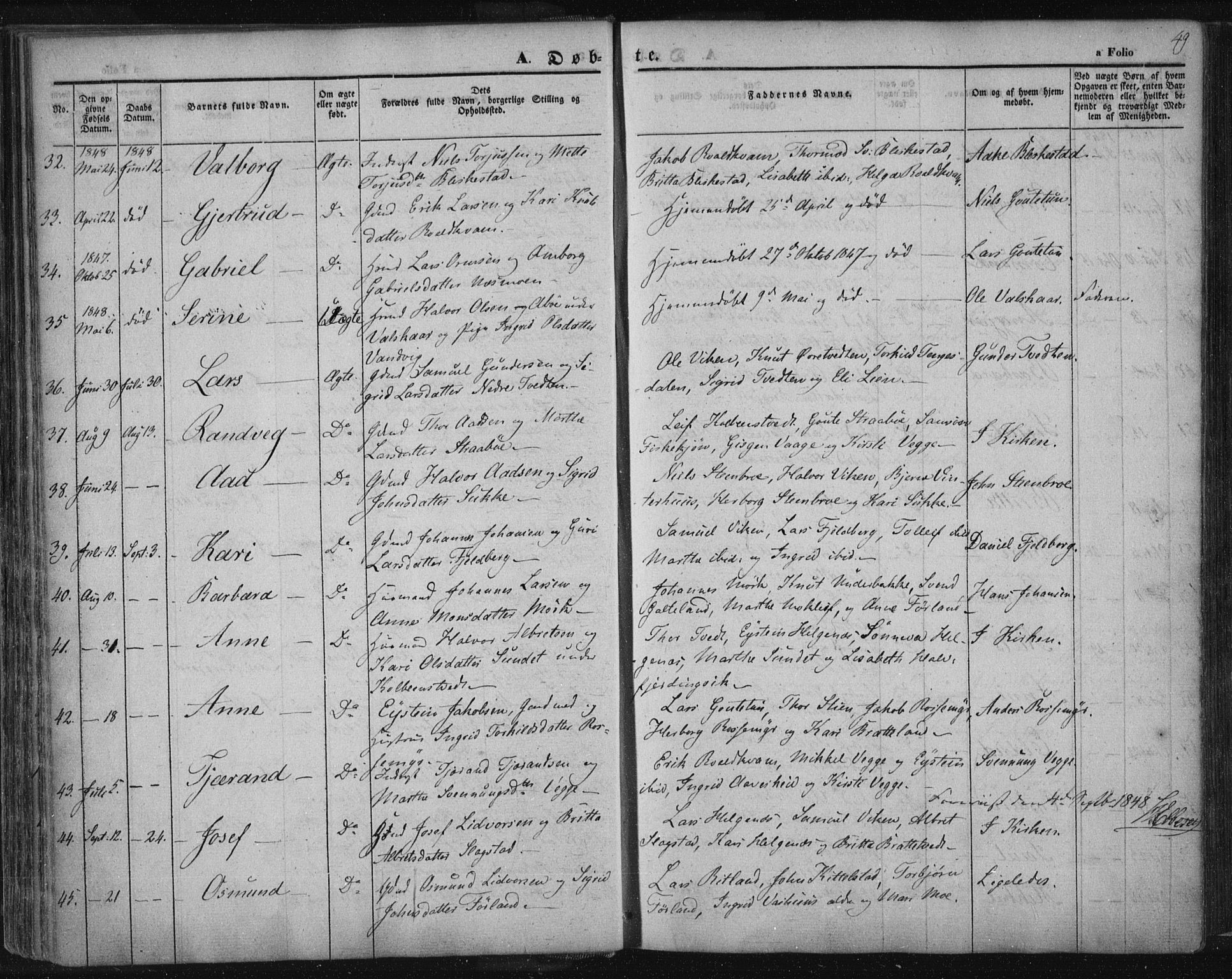 Suldal sokneprestkontor, AV/SAST-A-101845/01/IV/L0008: Parish register (official) no. A 8, 1836-1853, p. 49