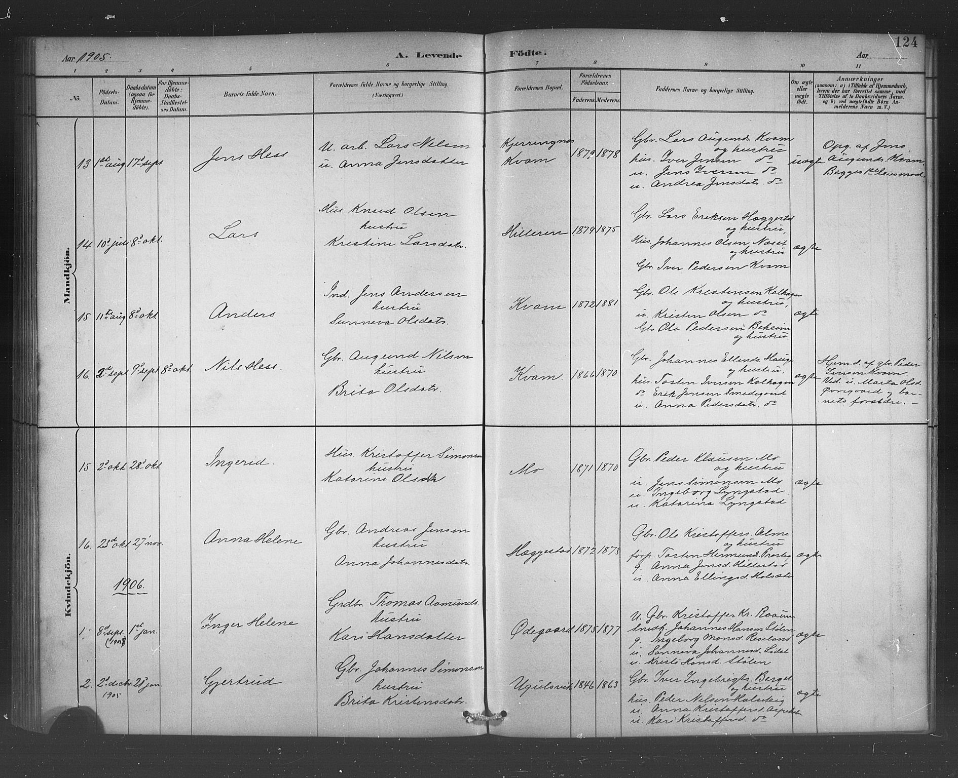 Hafslo sokneprestembete, AV/SAB-A-80301/H/Hab/Habb/L0001: Parish register (copy) no. B 1, 1882-1908, p. 124