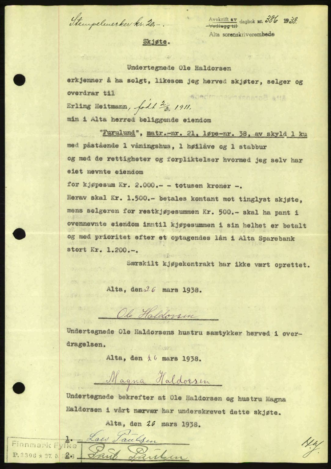 Alta fogderi/sorenskriveri, SATØ/SATØ-5/1/K/Kd/L0031pantebok: Mortgage book no. 31, 1938-1939, Diary no: : 386/1938