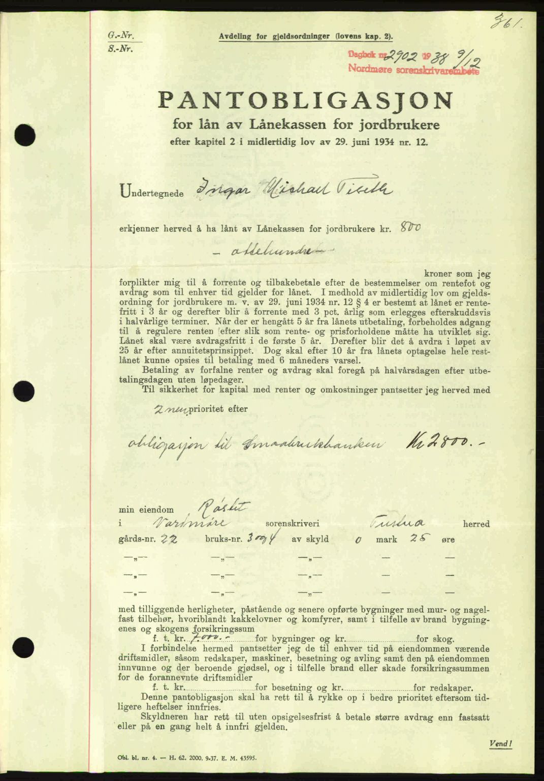 Nordmøre sorenskriveri, SAT/A-4132/1/2/2Ca: Mortgage book no. B84, 1938-1939, Diary no: : 2902/1938