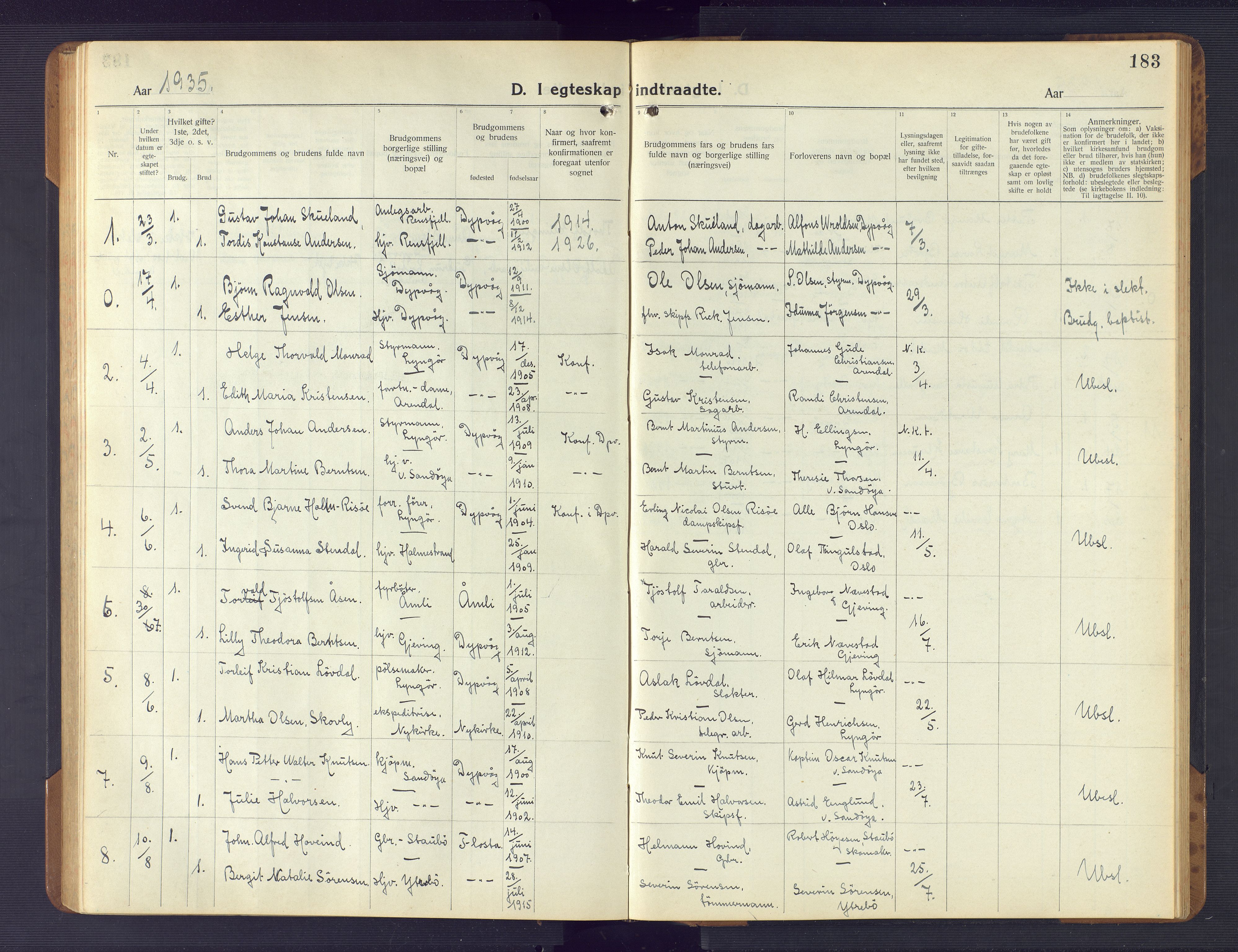 Dypvåg sokneprestkontor, SAK/1111-0007/F/Fb/Fba/L0015: Parish register (copy) no. B 15, 1922-1949, p. 183