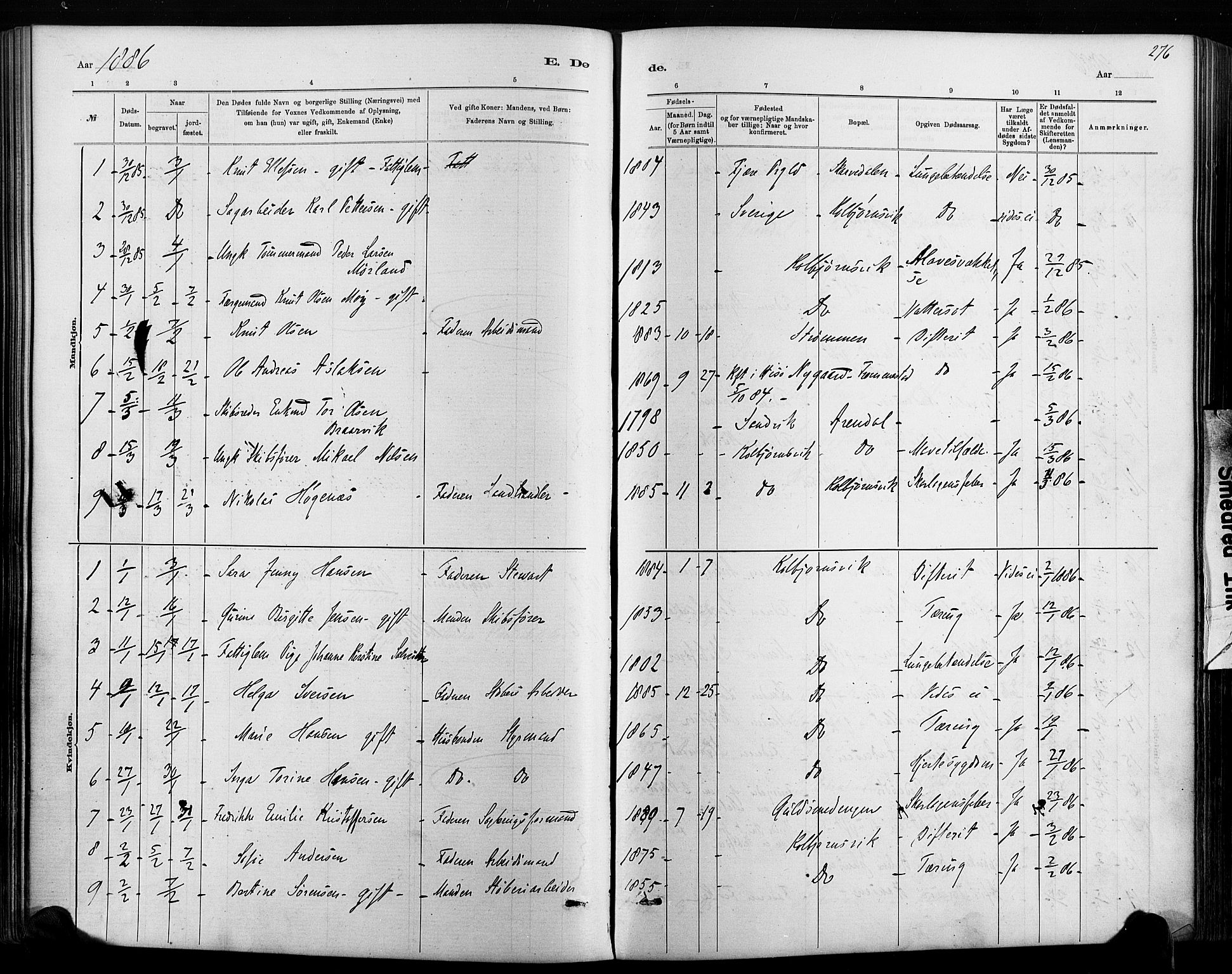Hisøy sokneprestkontor, SAK/1111-0020/F/Fa/L0003: Parish register (official) no. A 3, 1881-1894, p. 276