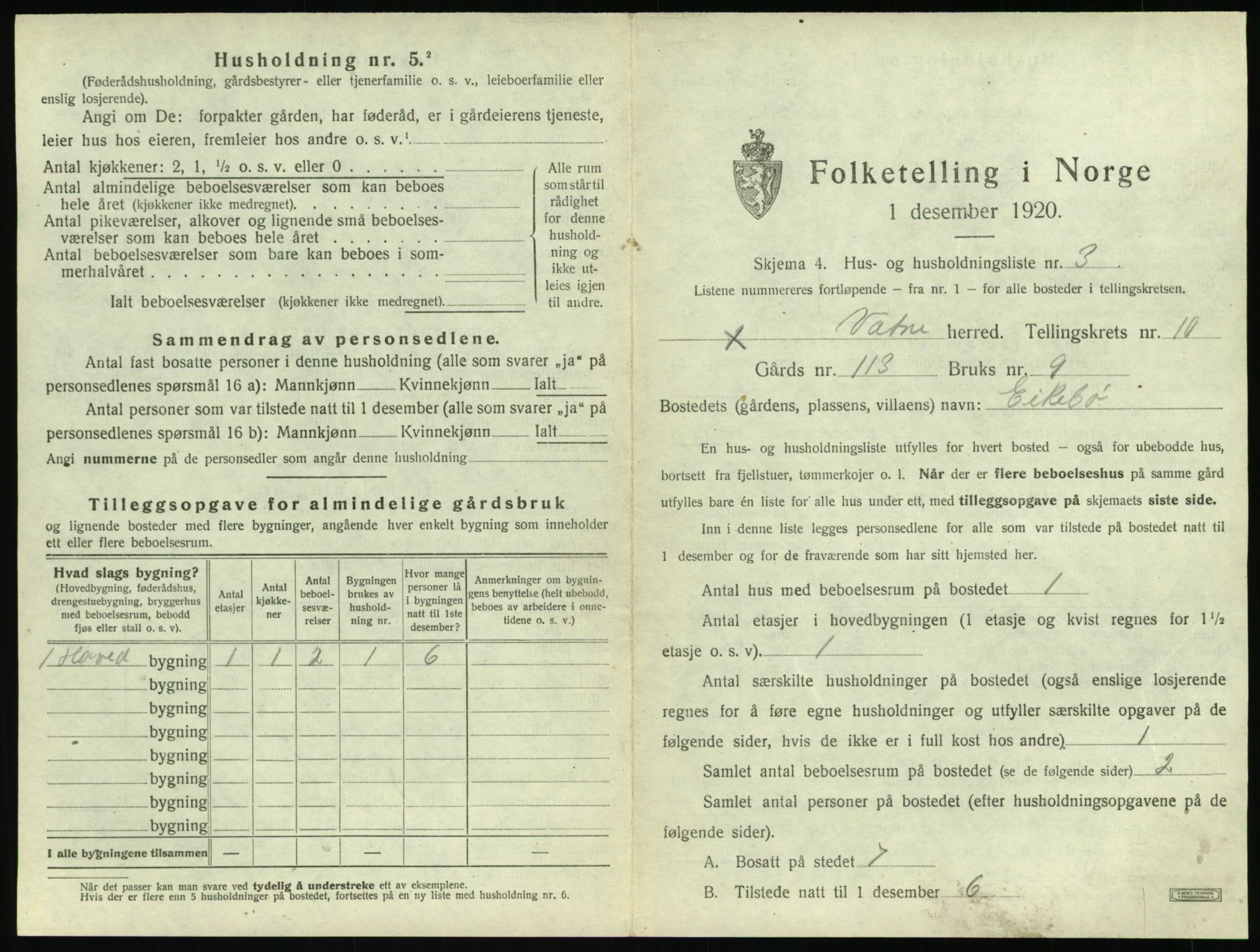 SAT, 1920 census for Vatne, 1920, p. 544