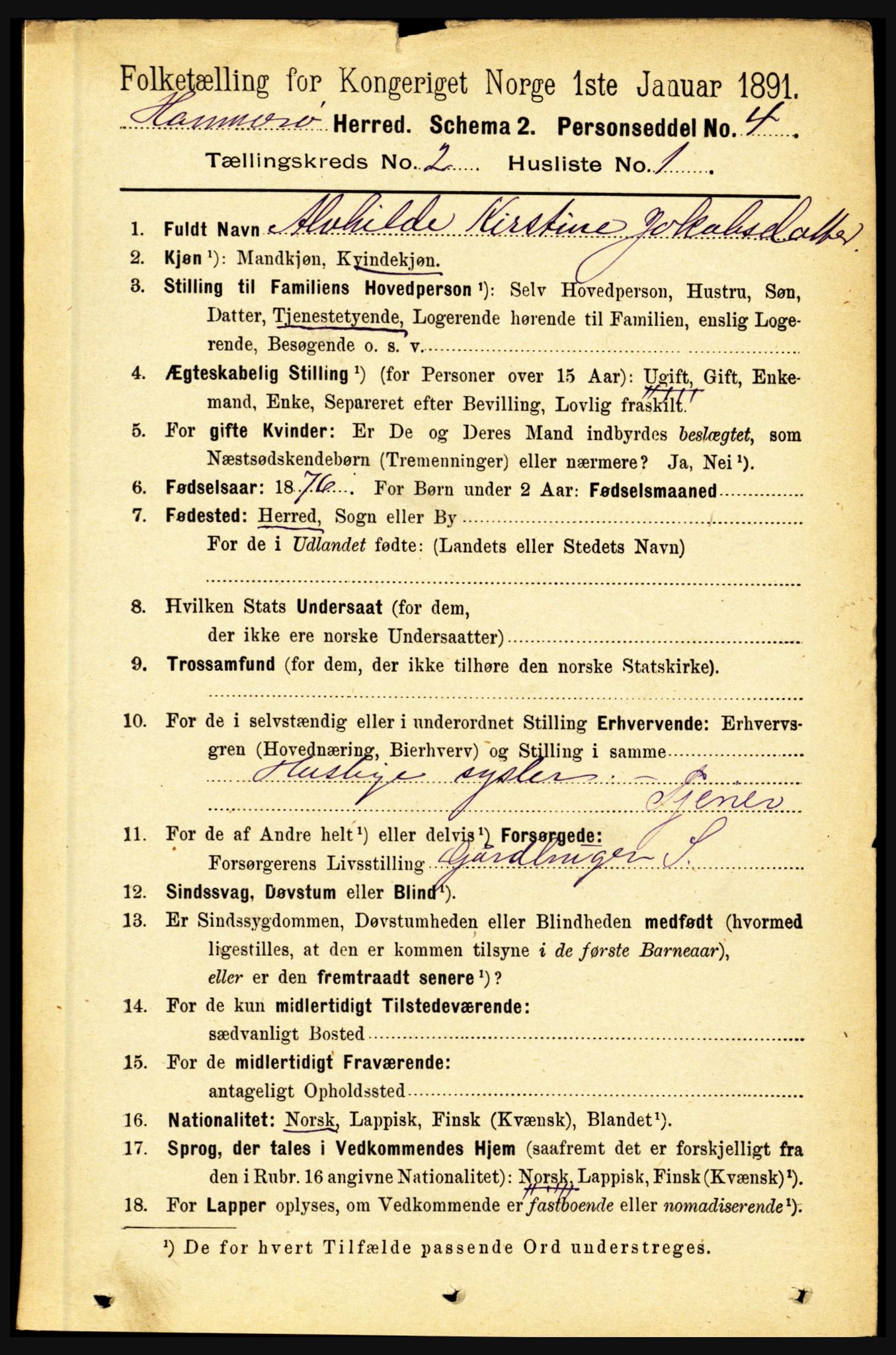 RA, 1891 census for 1849 Hamarøy, 1891, p. 583