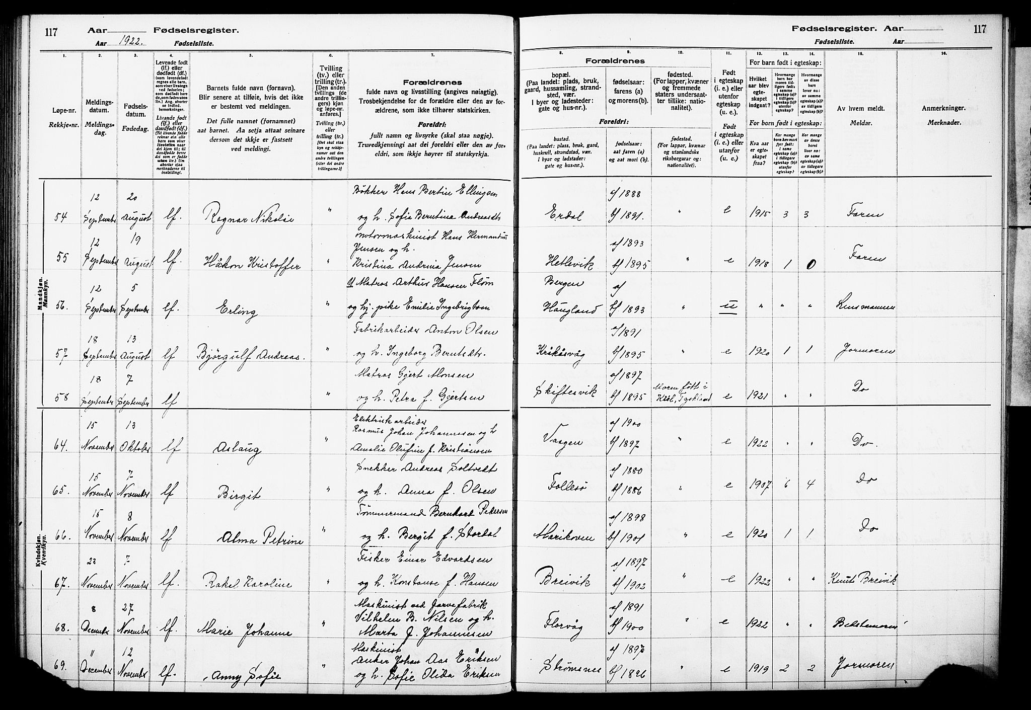 Askøy Sokneprestembete, SAB/A-74101/I/Id/L00A1: Birth register no. A 1, 1916-1928, p. 117