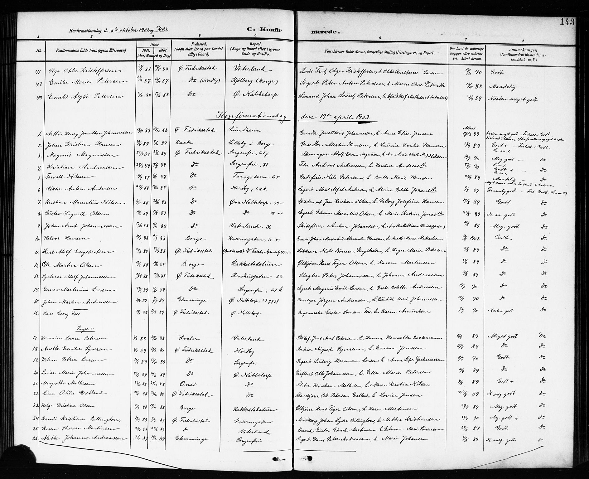 Østre Fredrikstad prestekontor Kirkebøker, AV/SAO-A-10907/G/Ga/L0002: Parish register (copy) no. 2, 1900-1919, p. 143