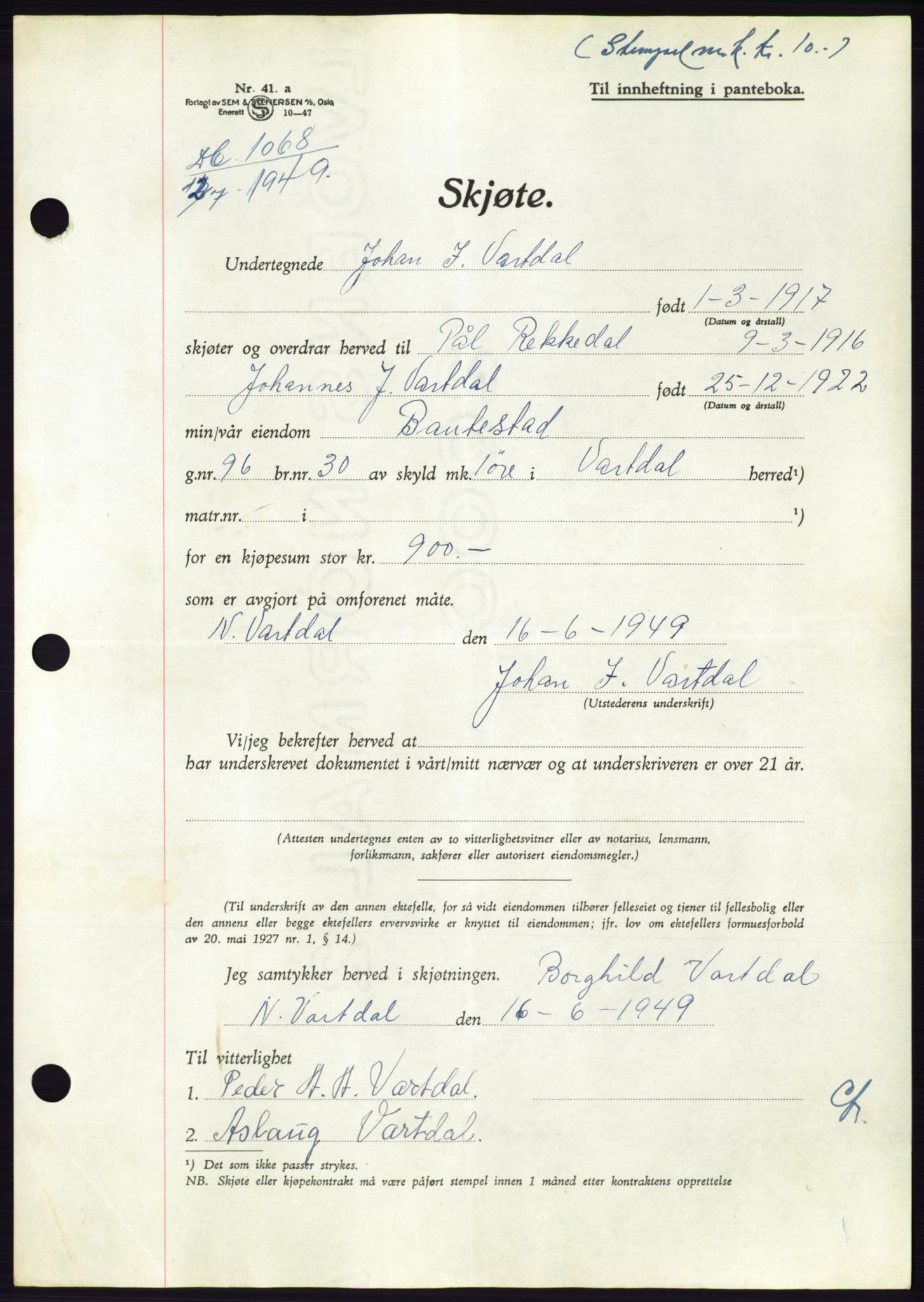 Søre Sunnmøre sorenskriveri, AV/SAT-A-4122/1/2/2C/L0084: Mortgage book no. 10A, 1949-1949, Diary no: : 1068/1949