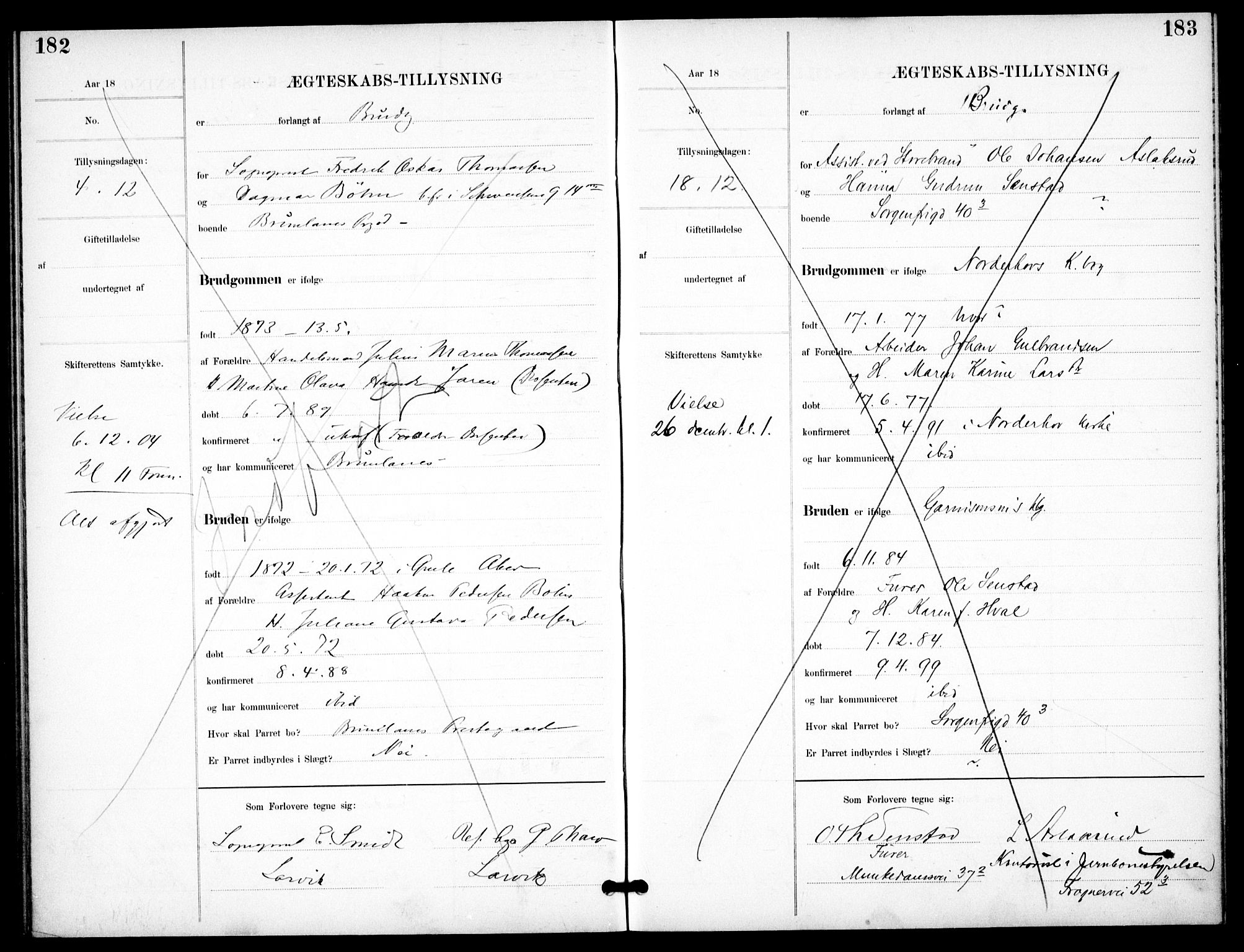 Garnisonsmenigheten Kirkebøker, AV/SAO-A-10846/H/Ha/L0008: Banns register no. I 8, 1894-1908, p. 182-183