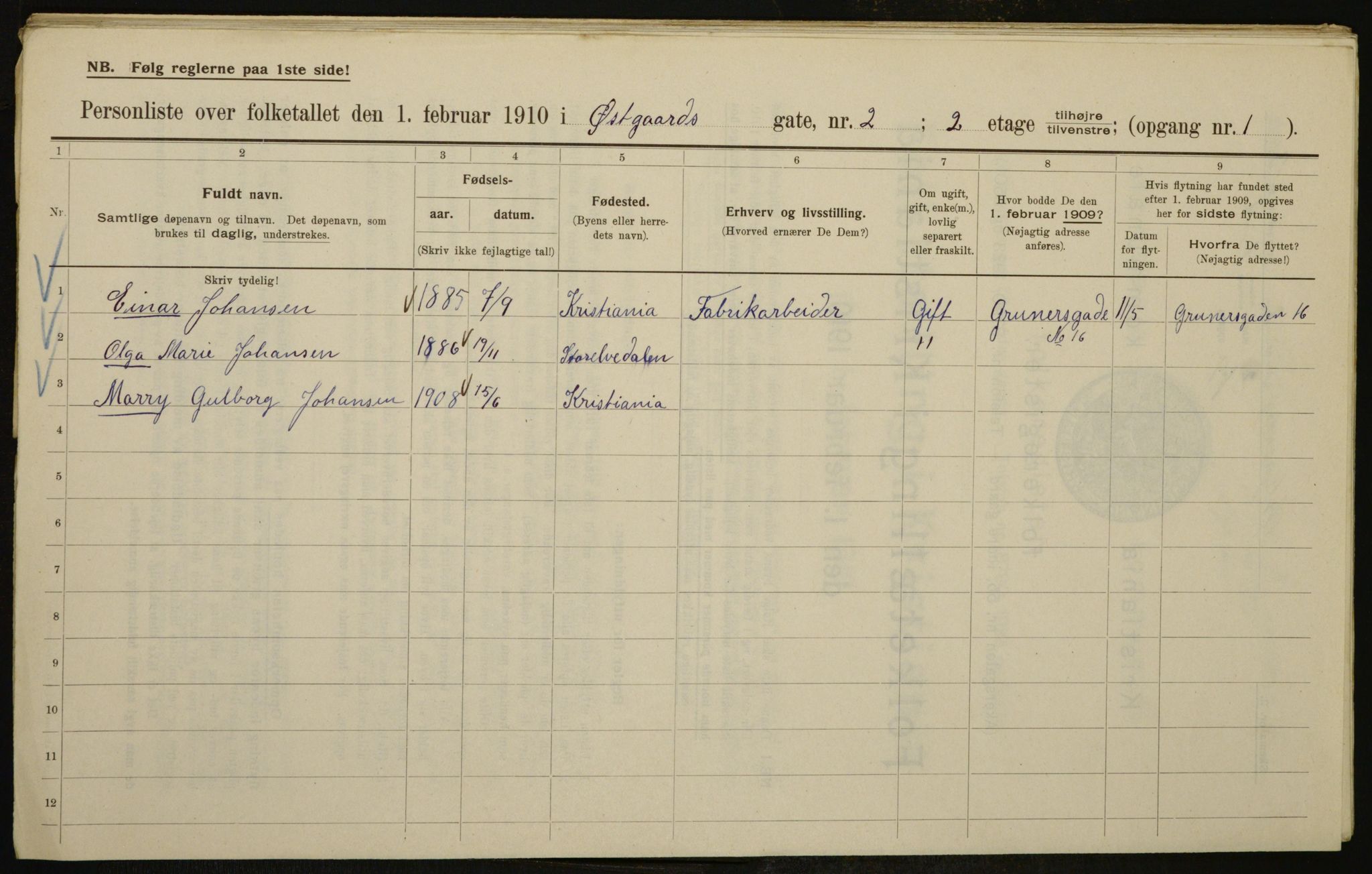 OBA, Municipal Census 1910 for Kristiania, 1910, p. 122397