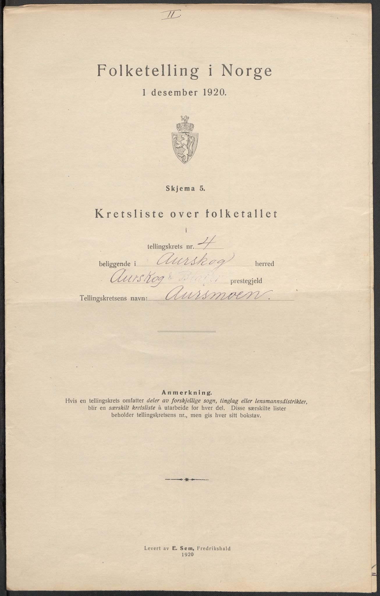 SAO, 1920 census for Aurskog, 1920, p. 20