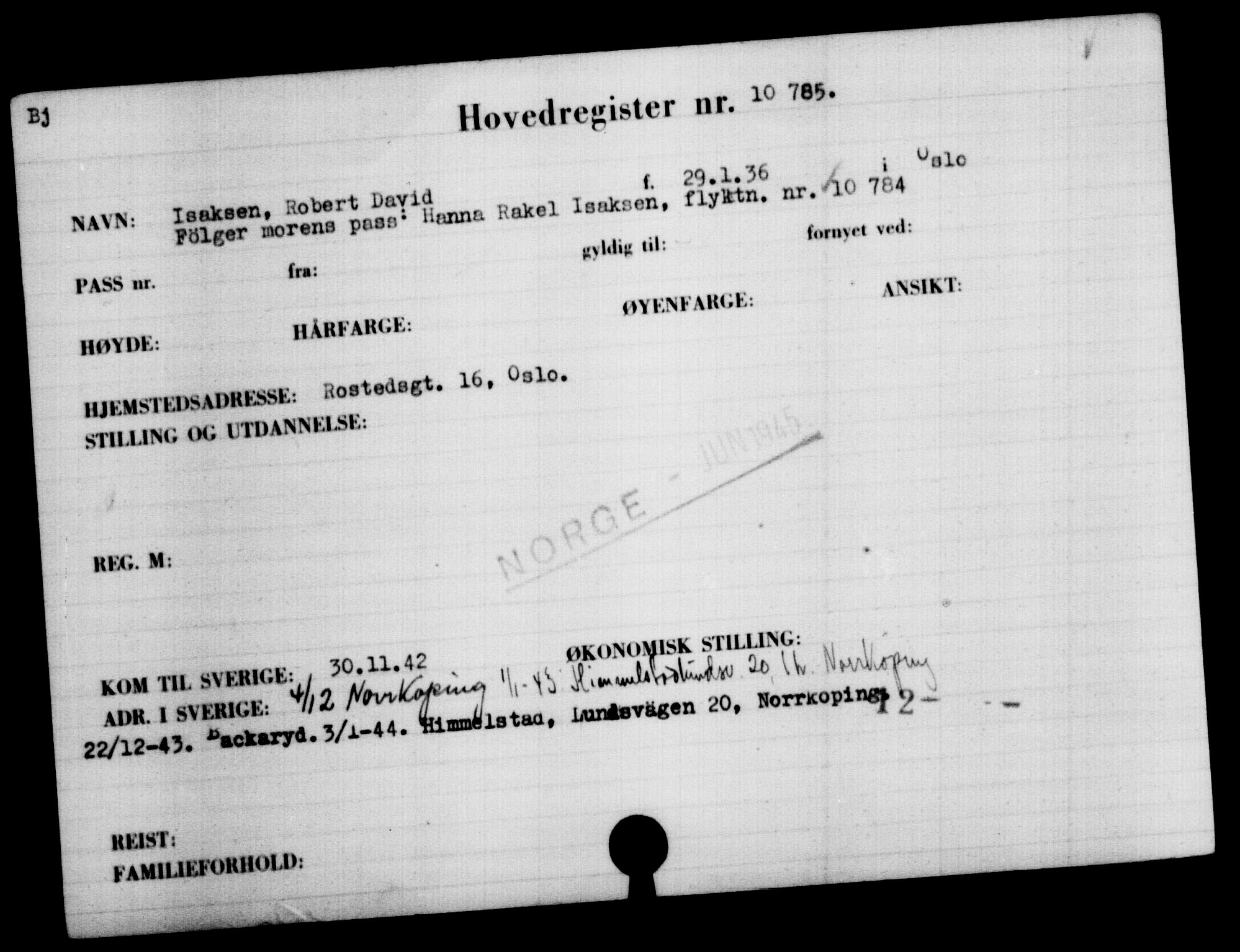 Utenriksstasjonene, Legasjonen i Stockholm, Flyktningkontoret, AV/RA-S-6753/V/Va/L0006: Kjesäterkartoteket, flyktninger med registreringsnr. 9400-12711, 1940-1945, p. 1593