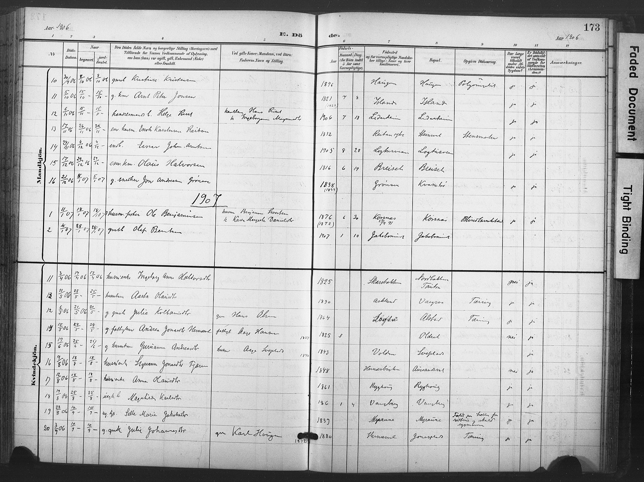 Ministerialprotokoller, klokkerbøker og fødselsregistre - Nord-Trøndelag, SAT/A-1458/713/L0122: Parish register (official) no. 713A11, 1899-1910, p. 173