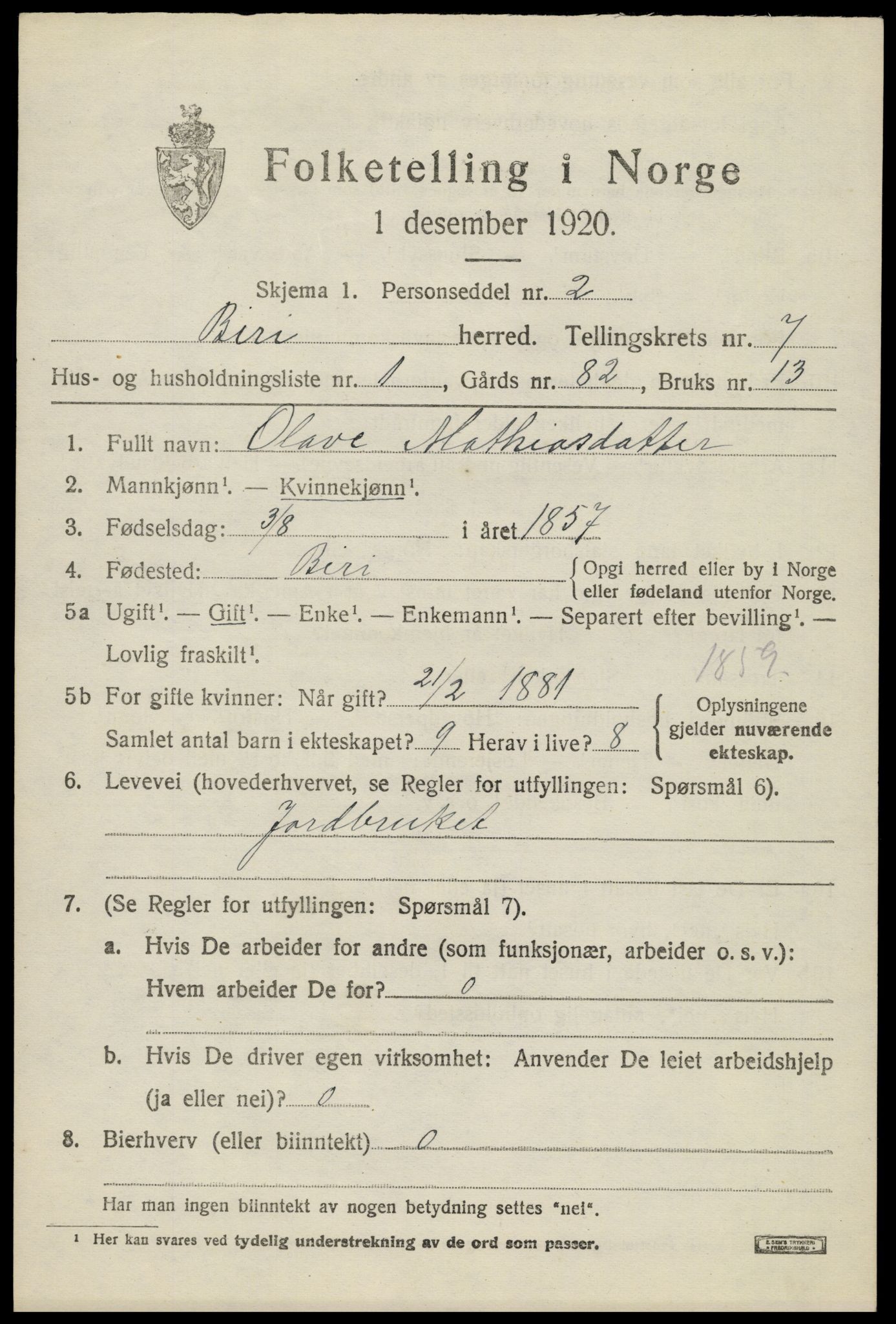 SAH, 1920 census for Biri, 1920, p. 5885