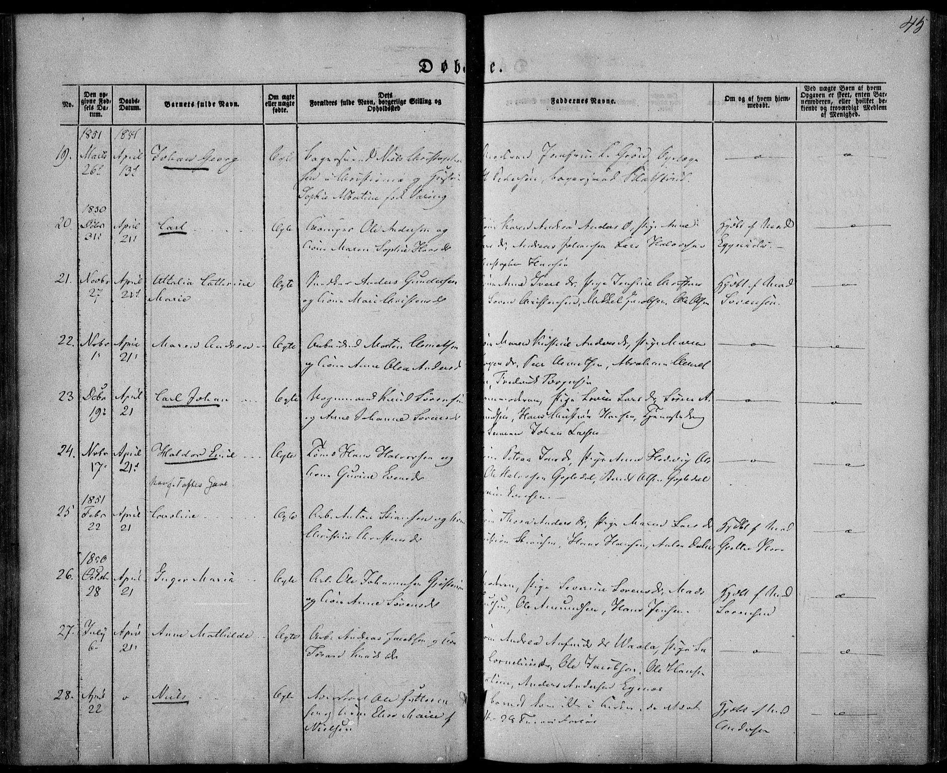 Larvik kirkebøker, SAKO/A-352/F/Fa/L0003: Parish register (official) no. I 3, 1848-1856, p. 45