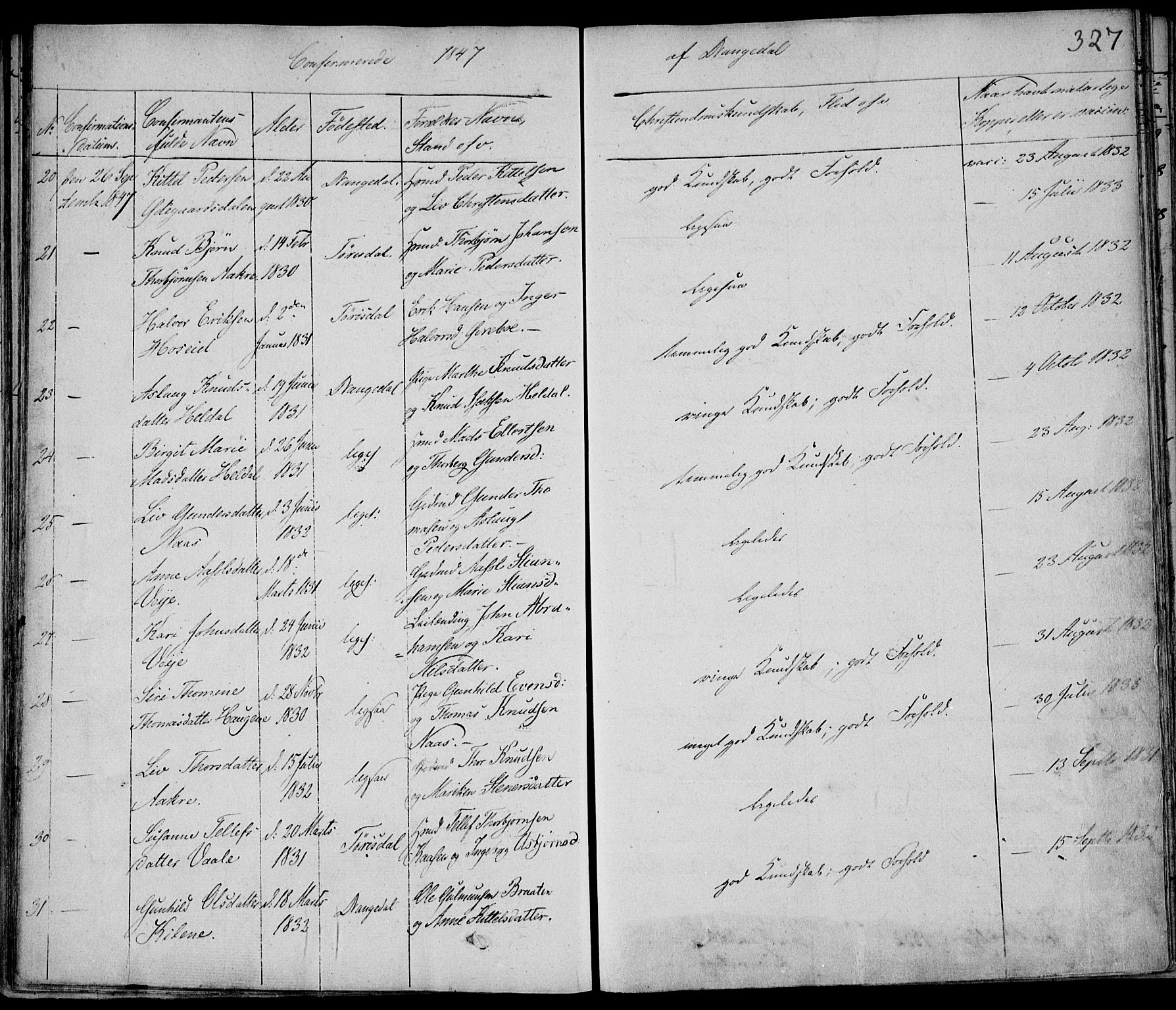 Drangedal kirkebøker, AV/SAKO-A-258/F/Fa/L0007a: Parish register (official) no. 7a, 1837-1856, p. 327