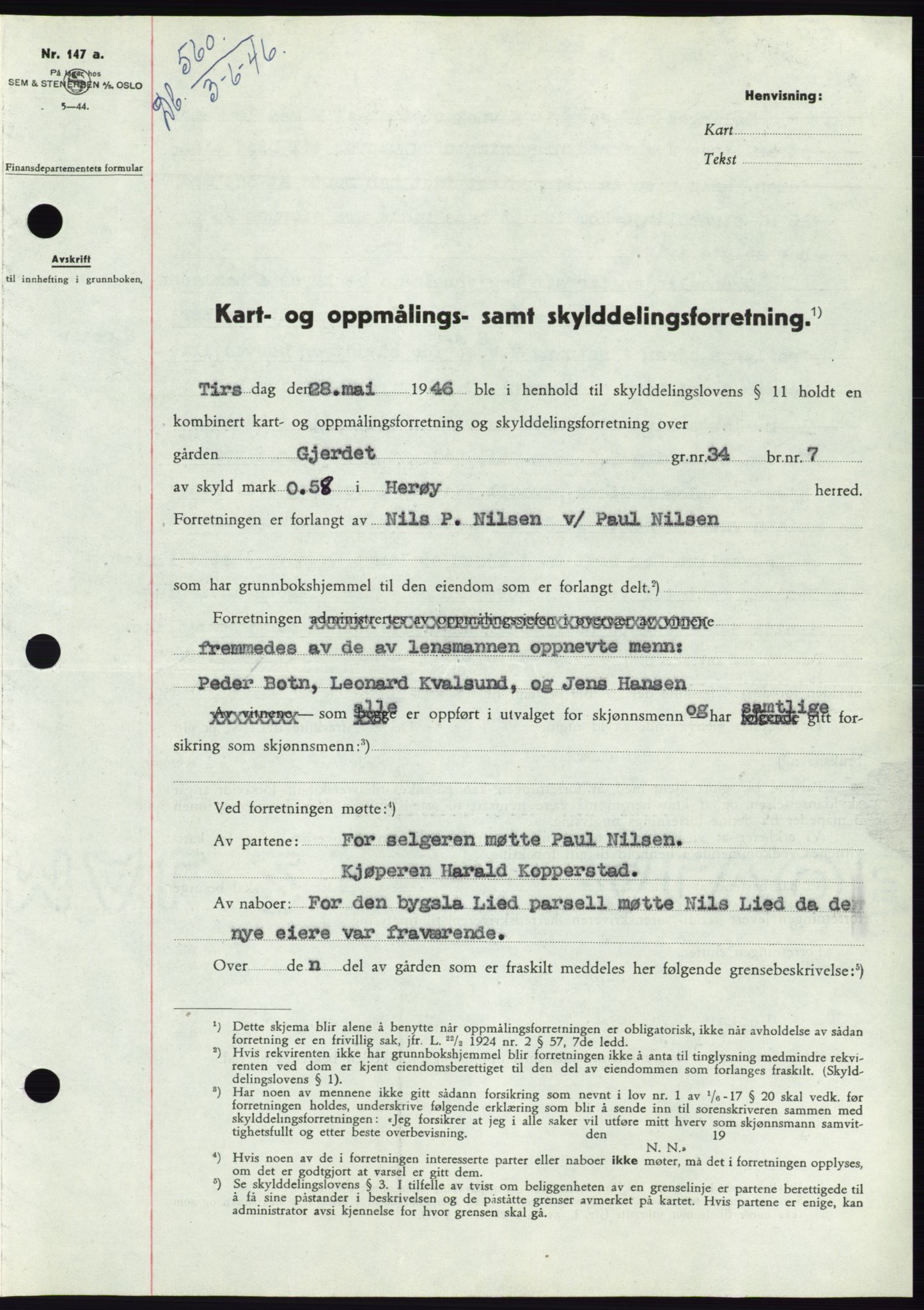 Søre Sunnmøre sorenskriveri, AV/SAT-A-4122/1/2/2C/L0078: Mortgage book no. 4A, 1946-1946, Diary no: : 560/1946