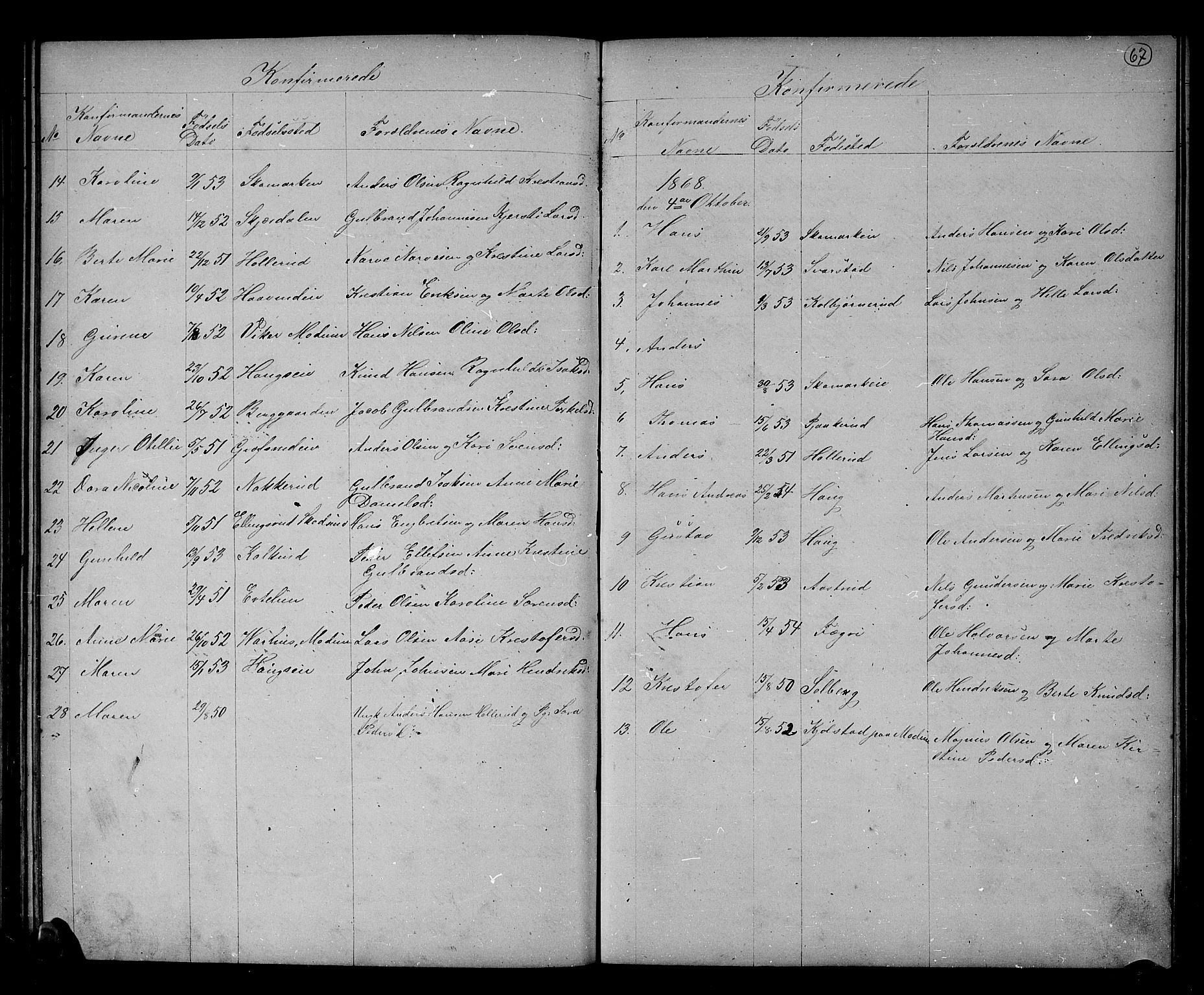 Hole kirkebøker, SAKO/A-228/G/Gb/L0001: Parish register (copy) no. II 1, 1859-1878, p. 67