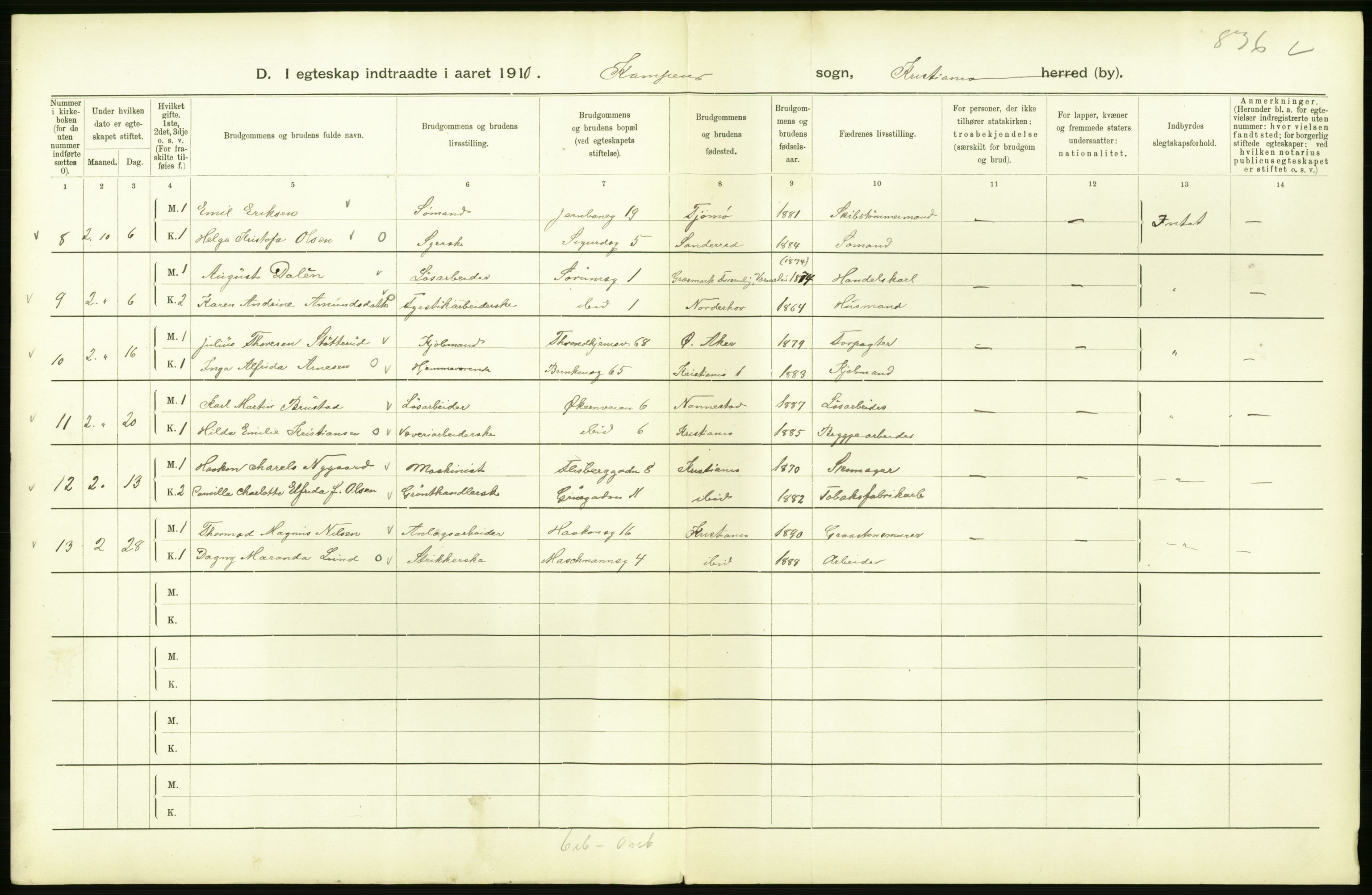 Statistisk sentralbyrå, Sosiodemografiske emner, Befolkning, AV/RA-S-2228/D/Df/Dfa/Dfah/L0009: Kristiania: Gifte og dødfødte., 1910, p. 108