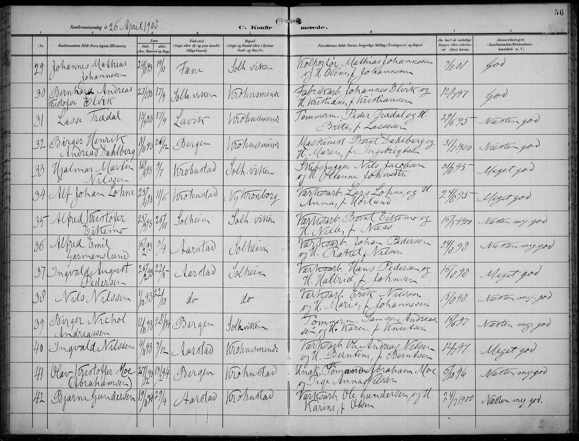 Årstad Sokneprestembete, SAB/A-79301/H/Haa/L0007: Parish register (official) no. B 2, 1901-1914, p. 56