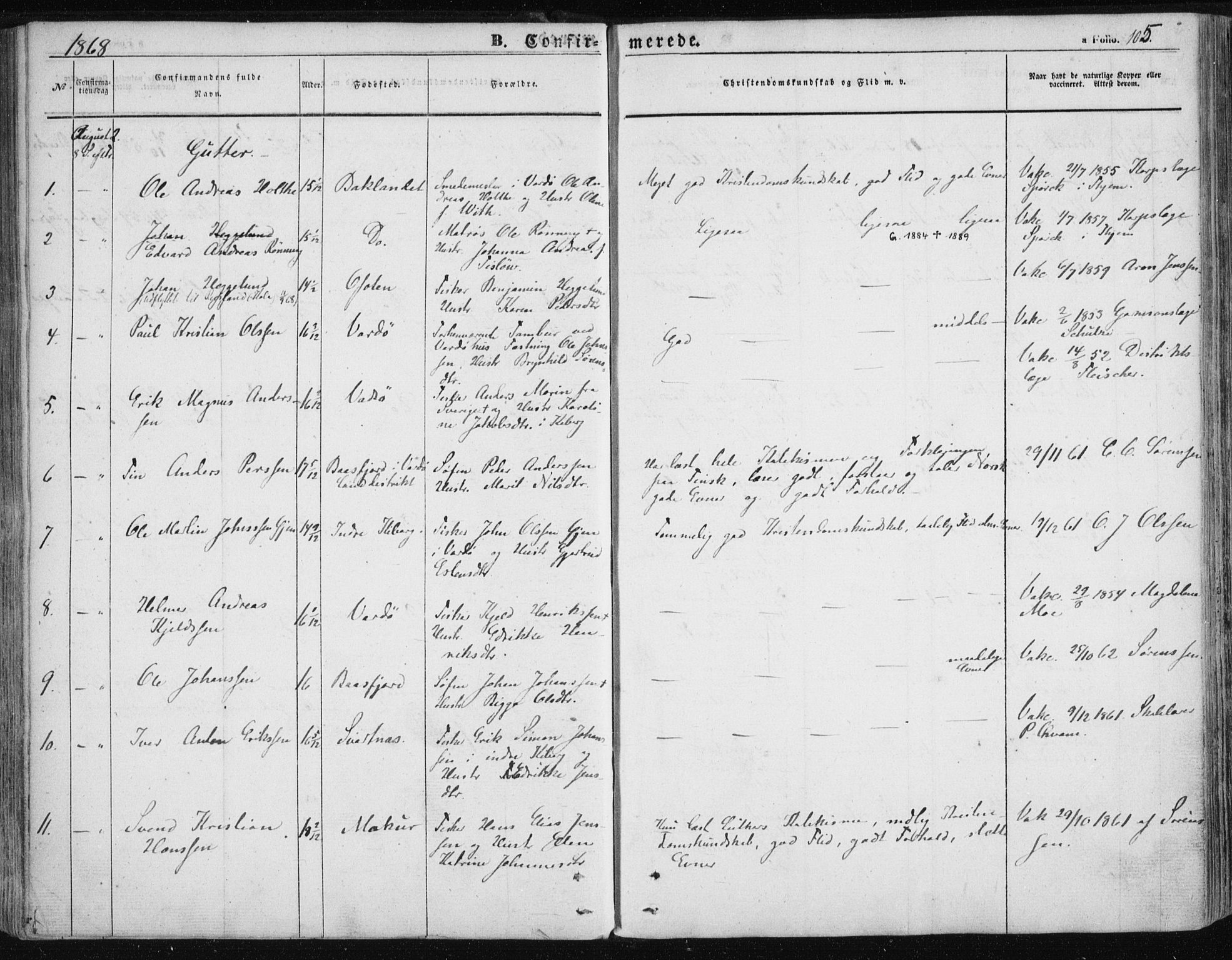 Vardø sokneprestkontor, SATØ/S-1332/H/Ha/L0004kirke: Parish register (official) no. 4, 1862-1871, p. 105