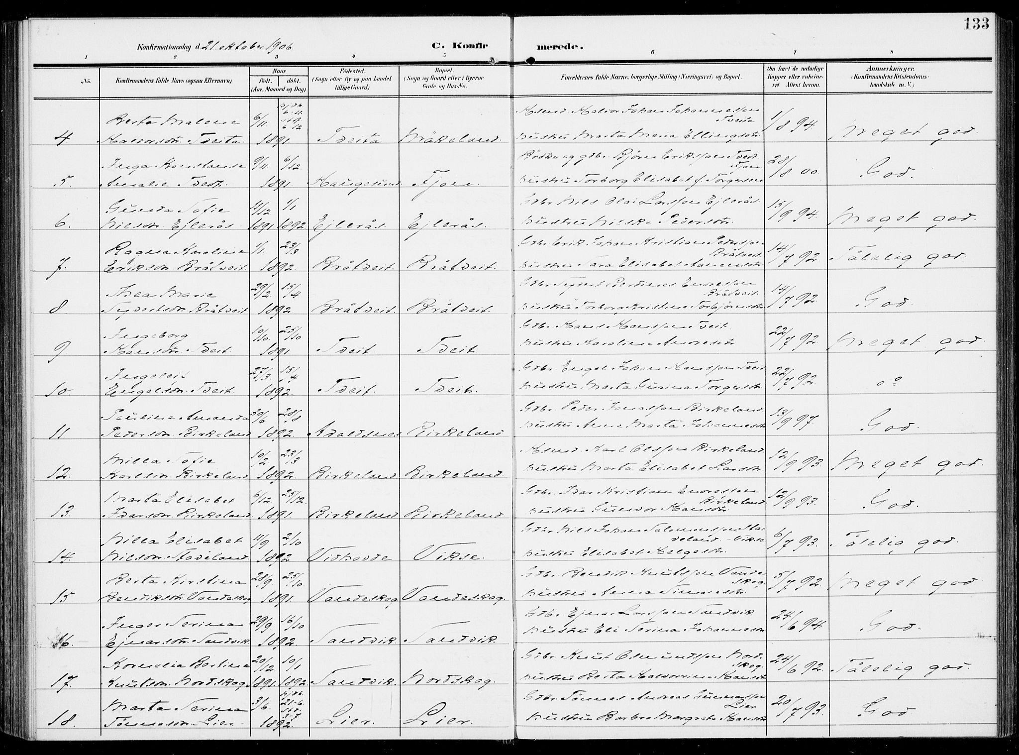 Sveio Sokneprestembete, SAB/A-78501/H/Haa: Parish register (official) no. B  4, 1906-1919, p. 133