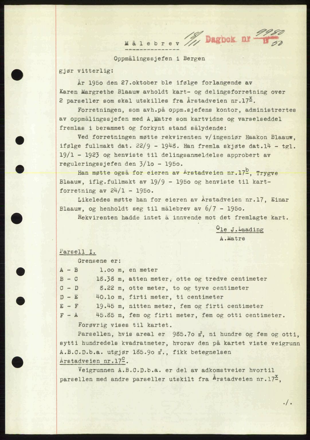 Byfogd og Byskriver i Bergen, AV/SAB-A-3401/03/03Bc/L0034: Mortgage book no. A27-28, 1950-1950, Diary no: : 9980/1950